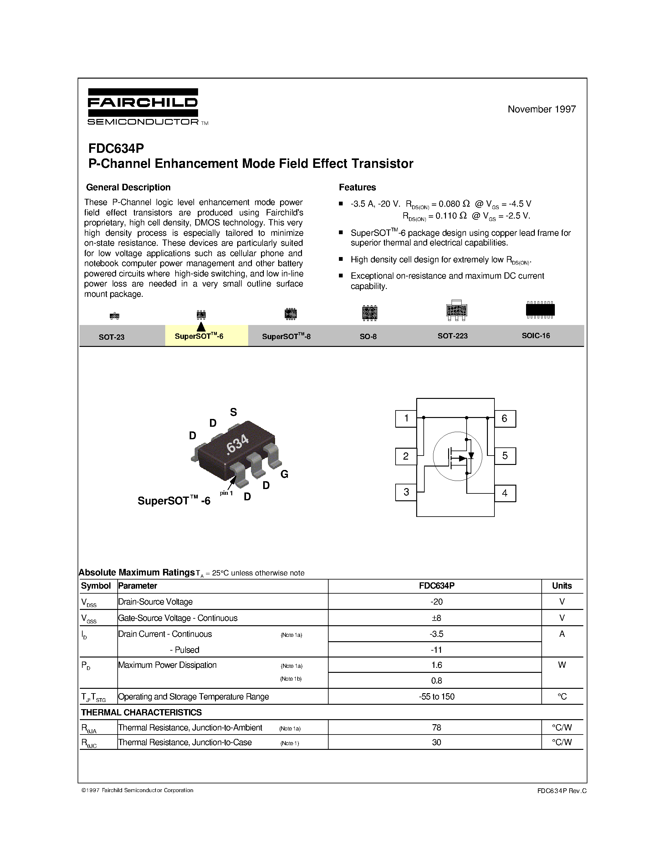 Даташит на микросхему FDC634P страница 1 Даташит FDC634P - P-Channel Enhancement Mode Field Effect Transistor страница 1