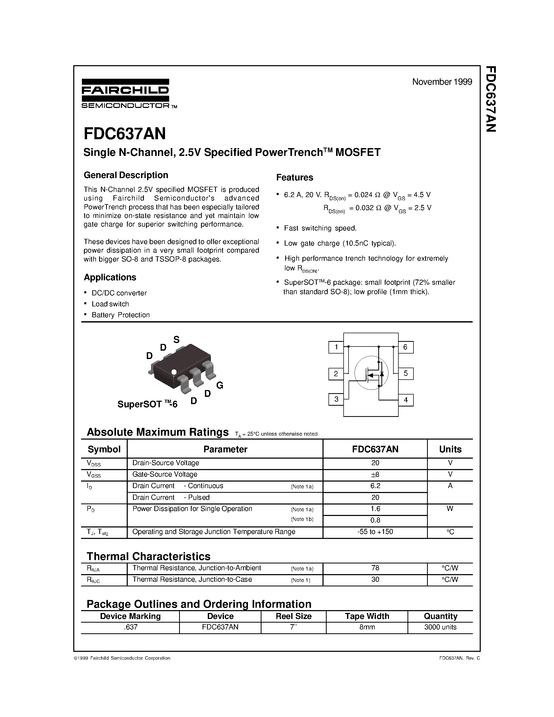 Даташит FDC637AN - Single N-Channel/ 2.5V Specified PowerTrenchTM MOSFET страница 1