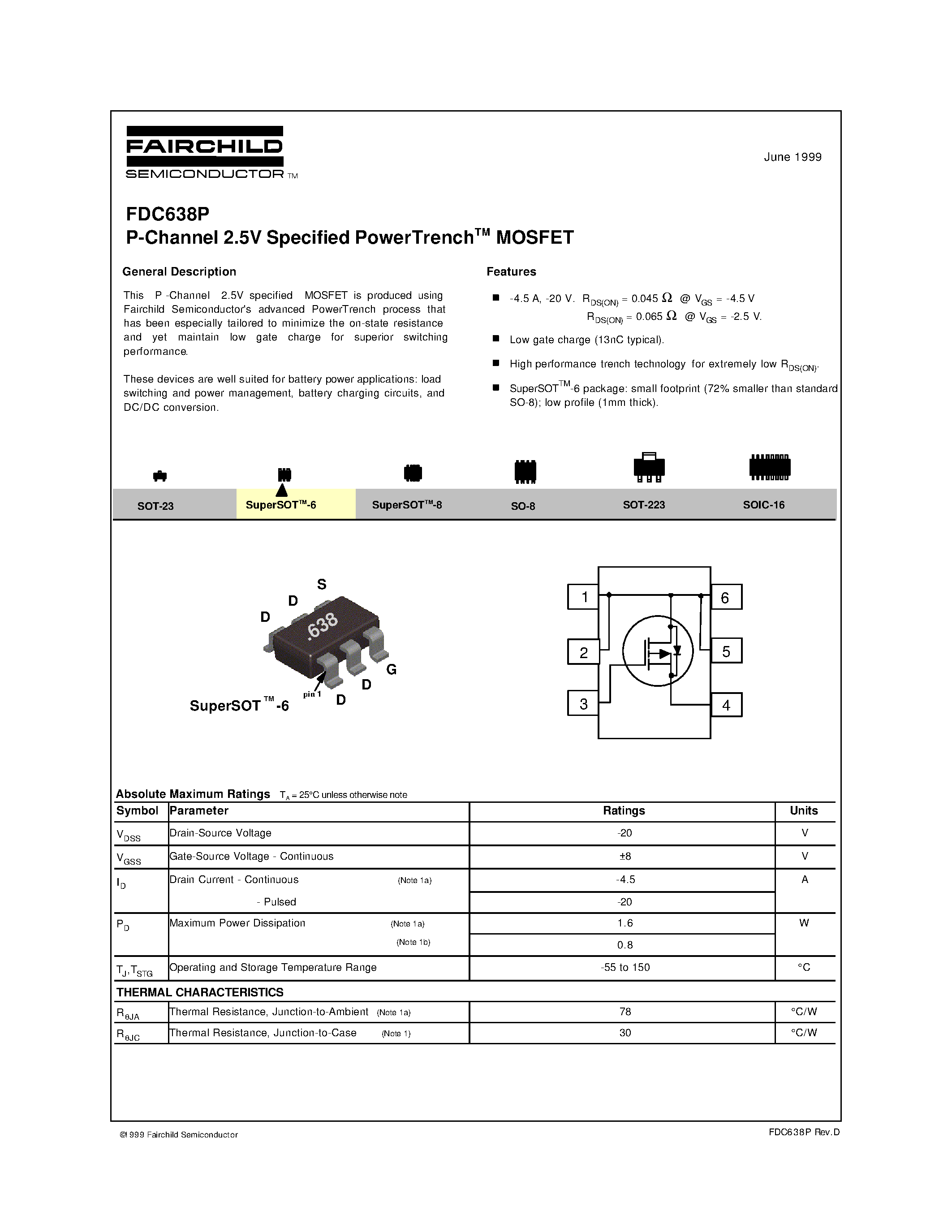 Datasheet FDC638P page 1 Datasheet FDC638P - P-Channel 2.5V Specified PowerTrenchTM MOSFET page 1