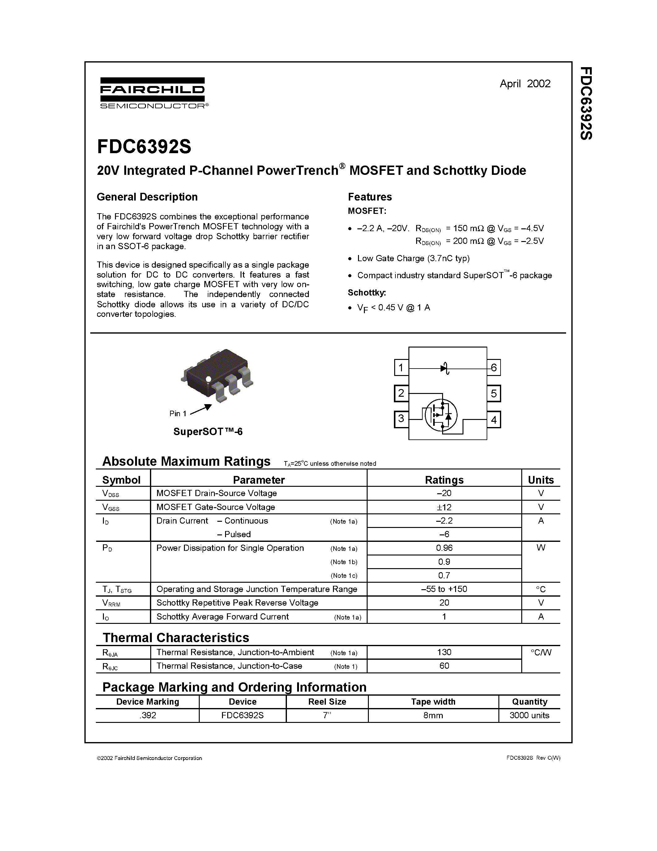 Datasheet FDC6392S page 1 Datasheet FDC6392S - 20V Integrated P-Channel PowerTrench MOSFET and Schottky Diode page 1