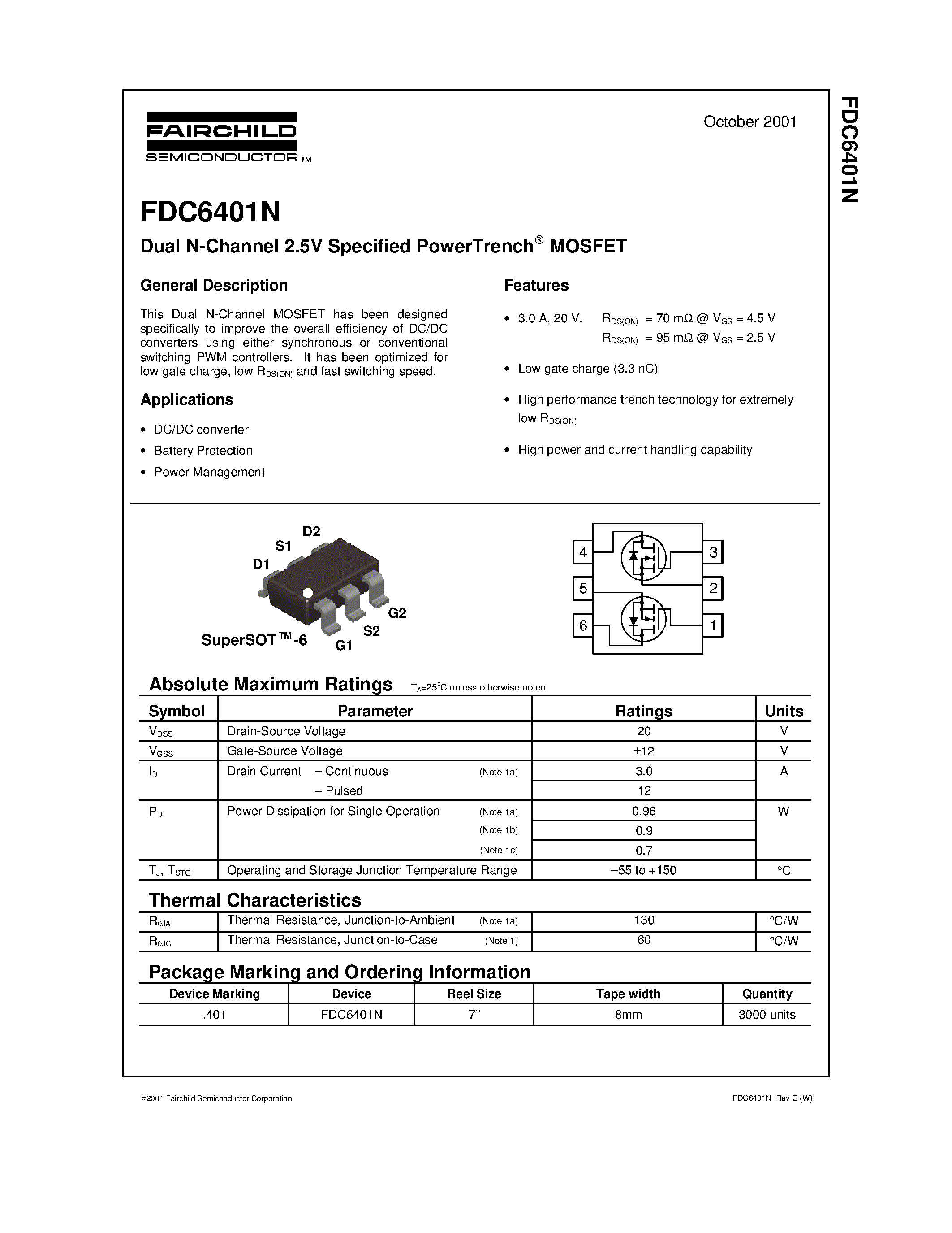 Datasheet FDC6401N - Dual N-Channel 2.5V Specified PowerTrench MOSFET page 1