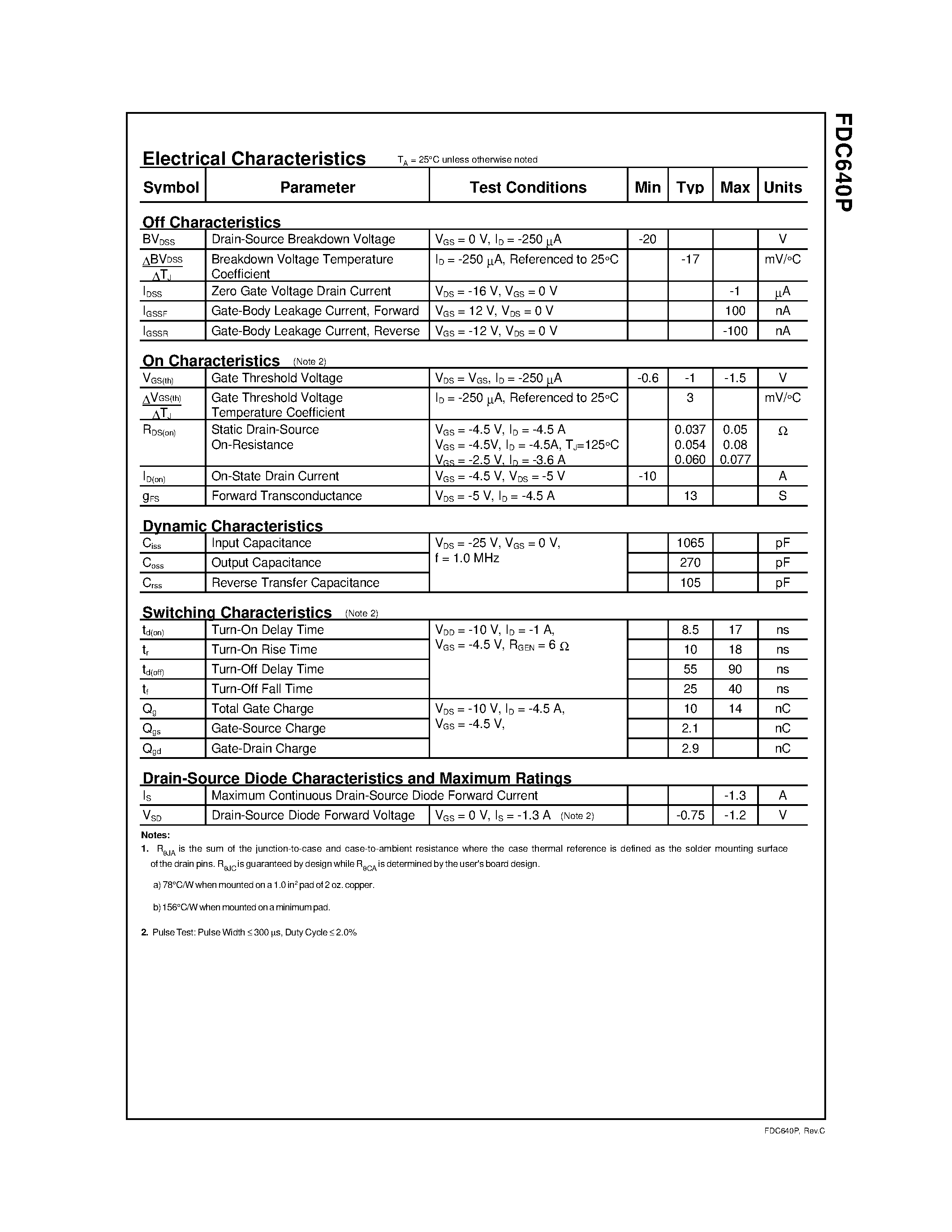 Datasheet FDC640P page 2 Datasheet FDC640P - P-Channel 2.5V Specified PowerTrenchTM MOSFET page 2