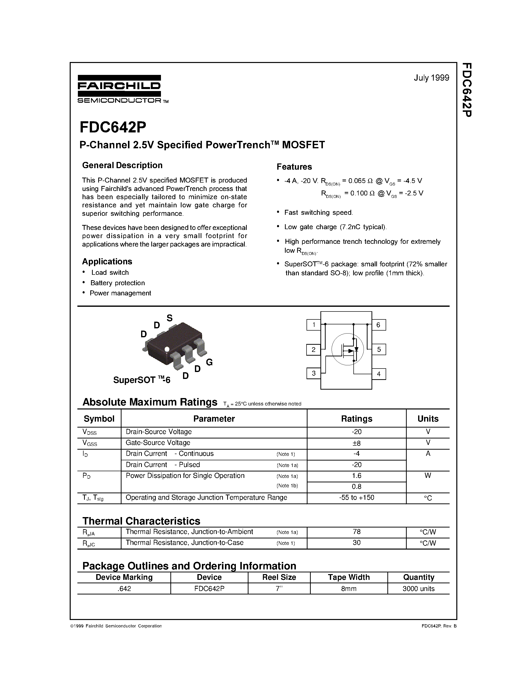 Datasheet FDC642 - P-Channel 2.5V Specified PowerTrenchMOSFET page 1