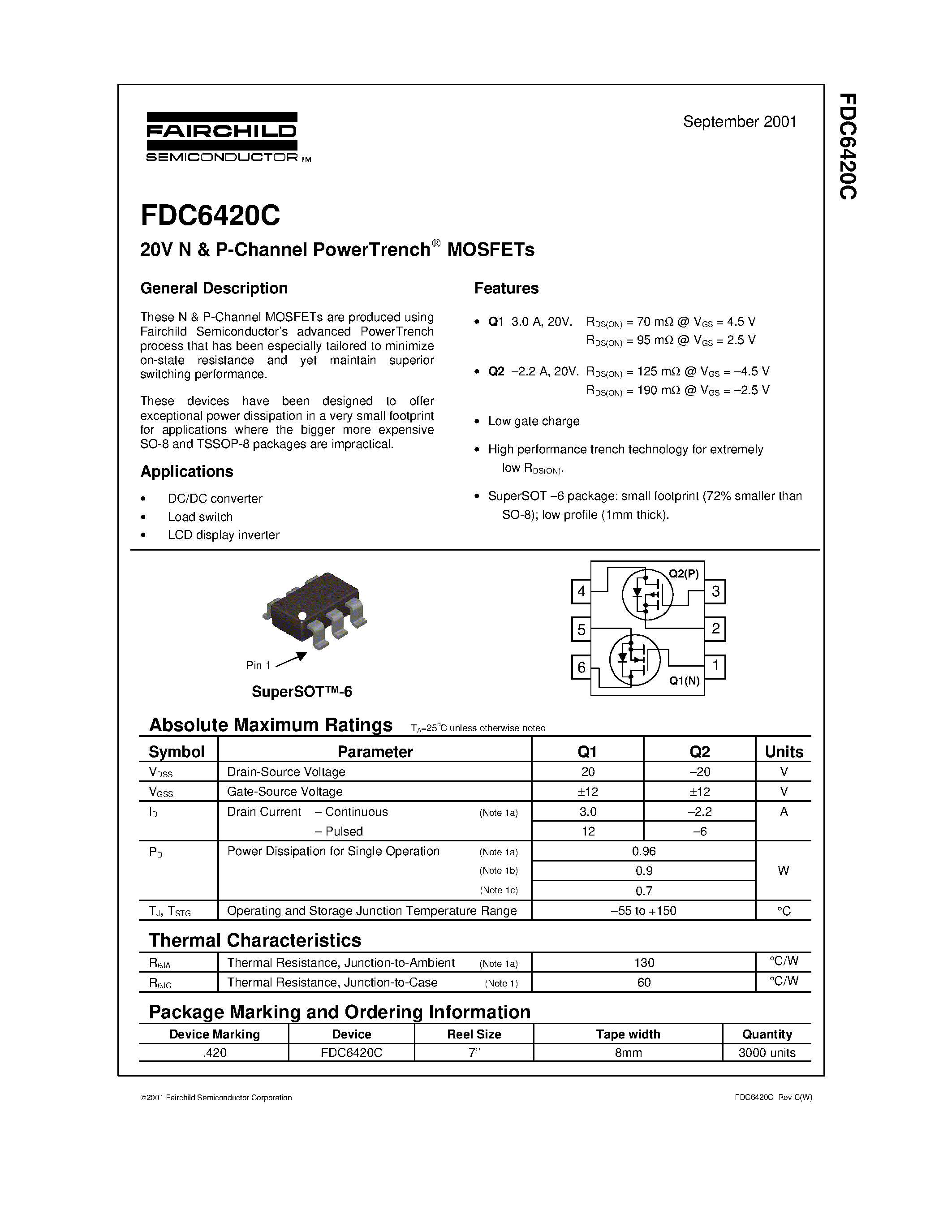 Datasheet FDC6420 - 20V N & P-Channel PowerTrench MOSFETs page 1