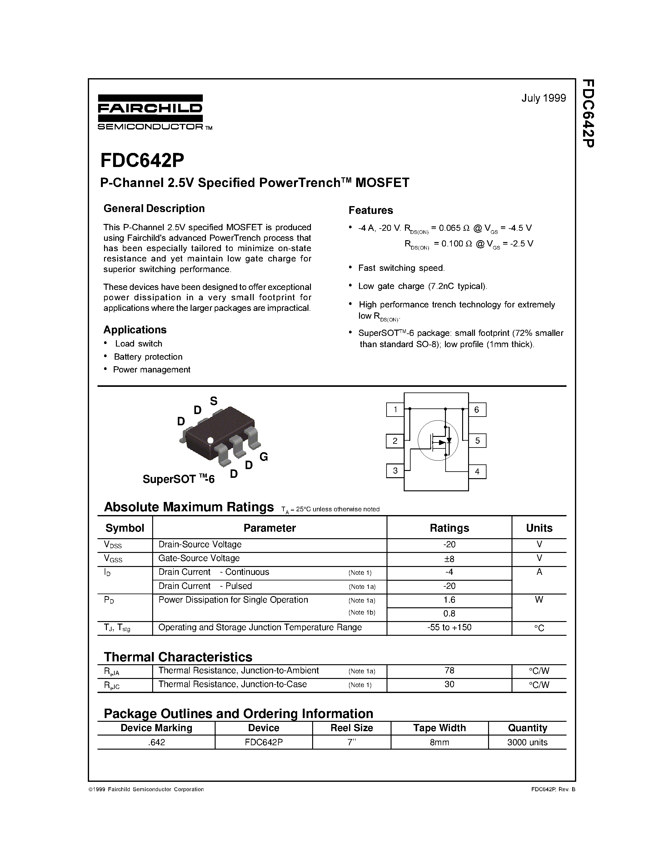 Datasheet FDC642P page 1 Datasheet FDC642P - P-Channel 2.5V Specified PowerTrenchMOSFET page 1