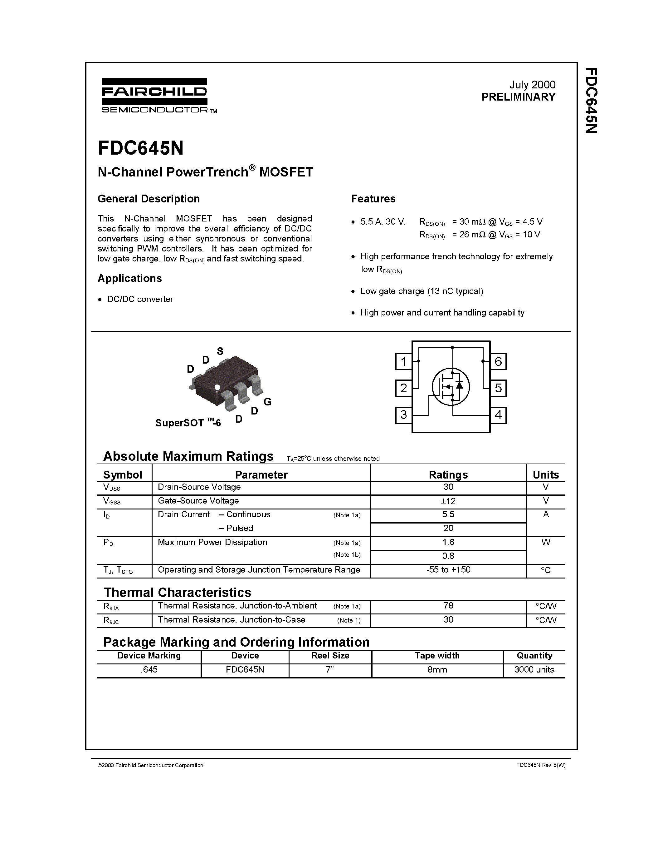 Datasheet FDC645 page 1 Datasheet FDC645 - N-Channel PowerTrench MOSFET page 1