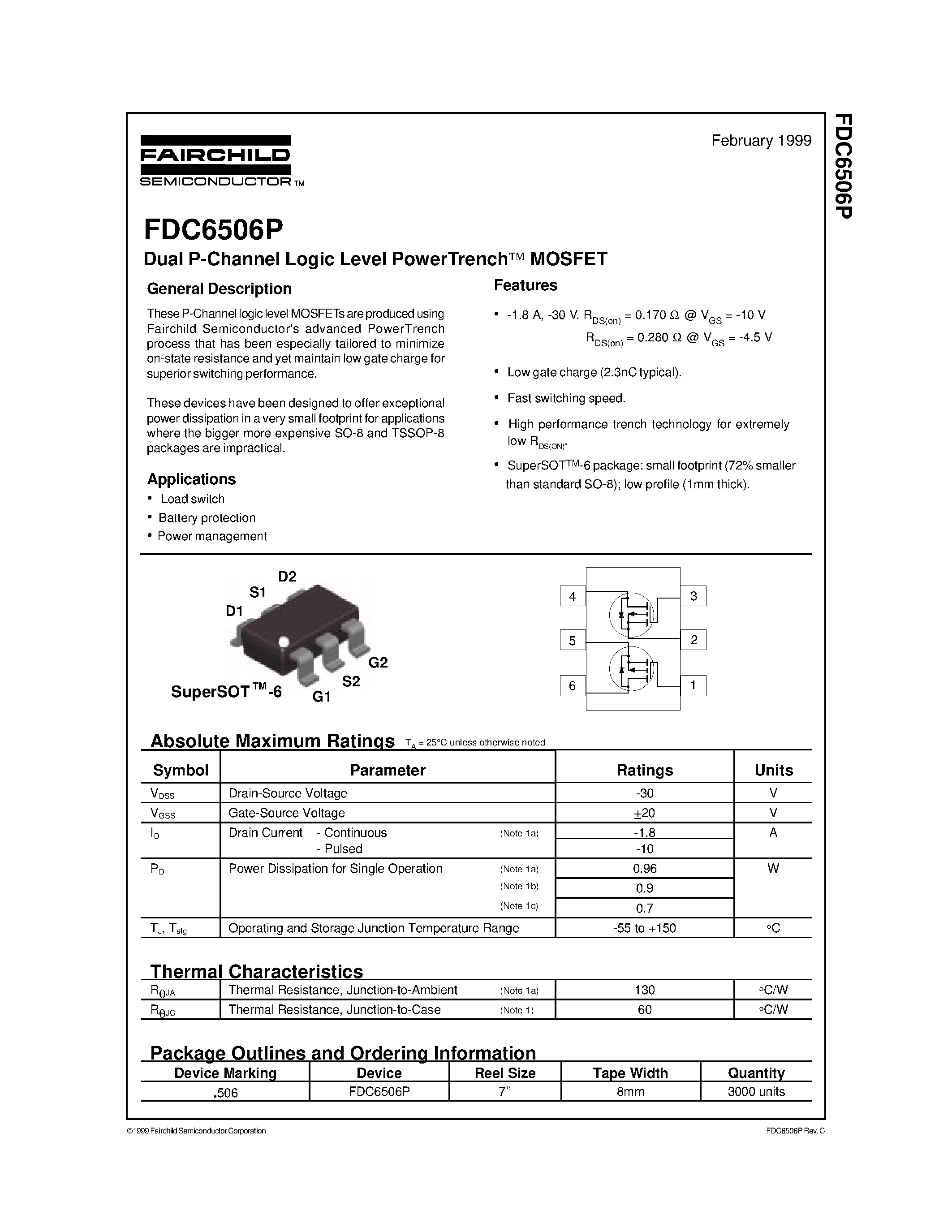 Datasheet FDC6506 page 1 Datasheet FDC6506 - Dual P-Channel Logic Level PowerTrench MOSFET page 1