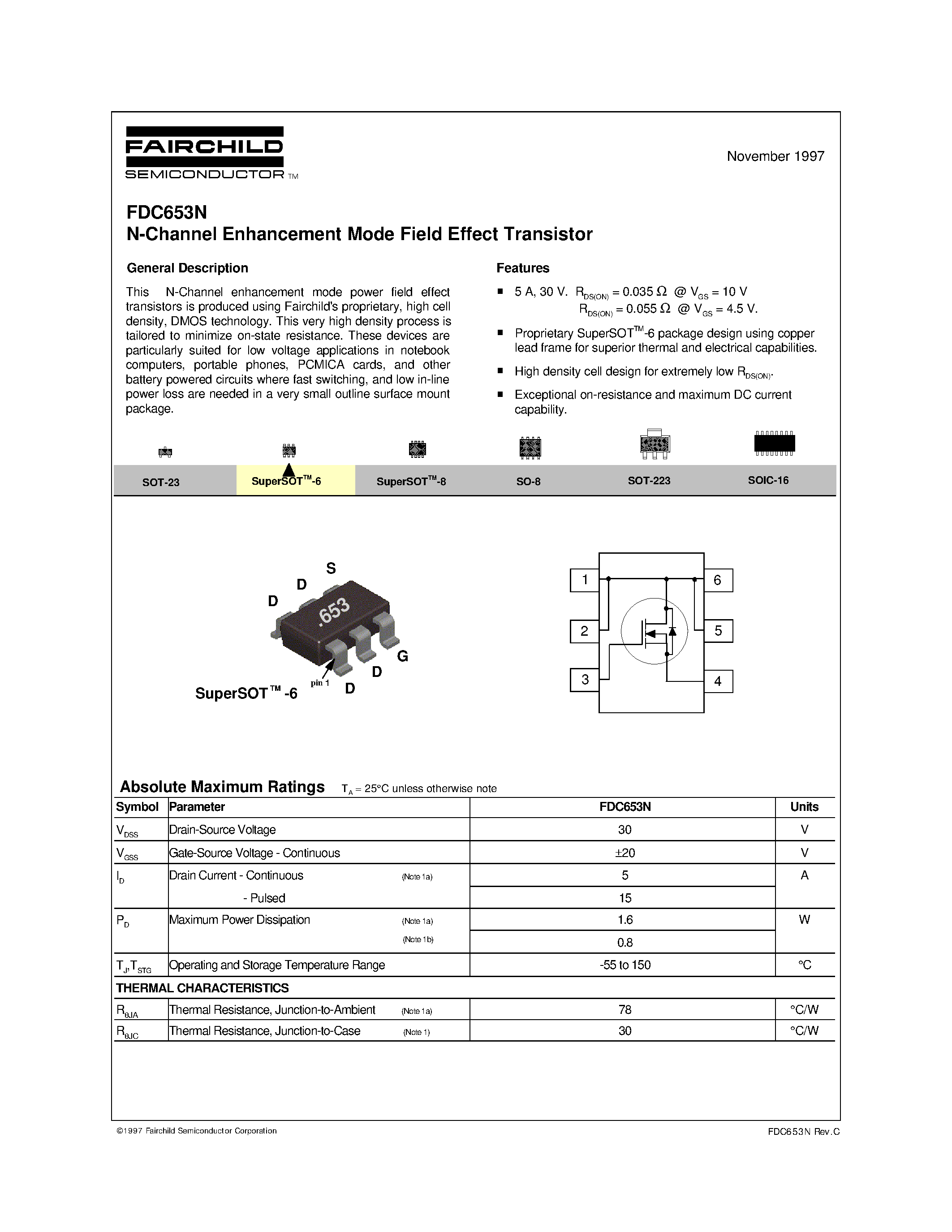 Даташит на микросхему FDC653 страница 1 Даташит FDC653 - N-Channel Enhancement Mode Field Effect Transistor страница 1