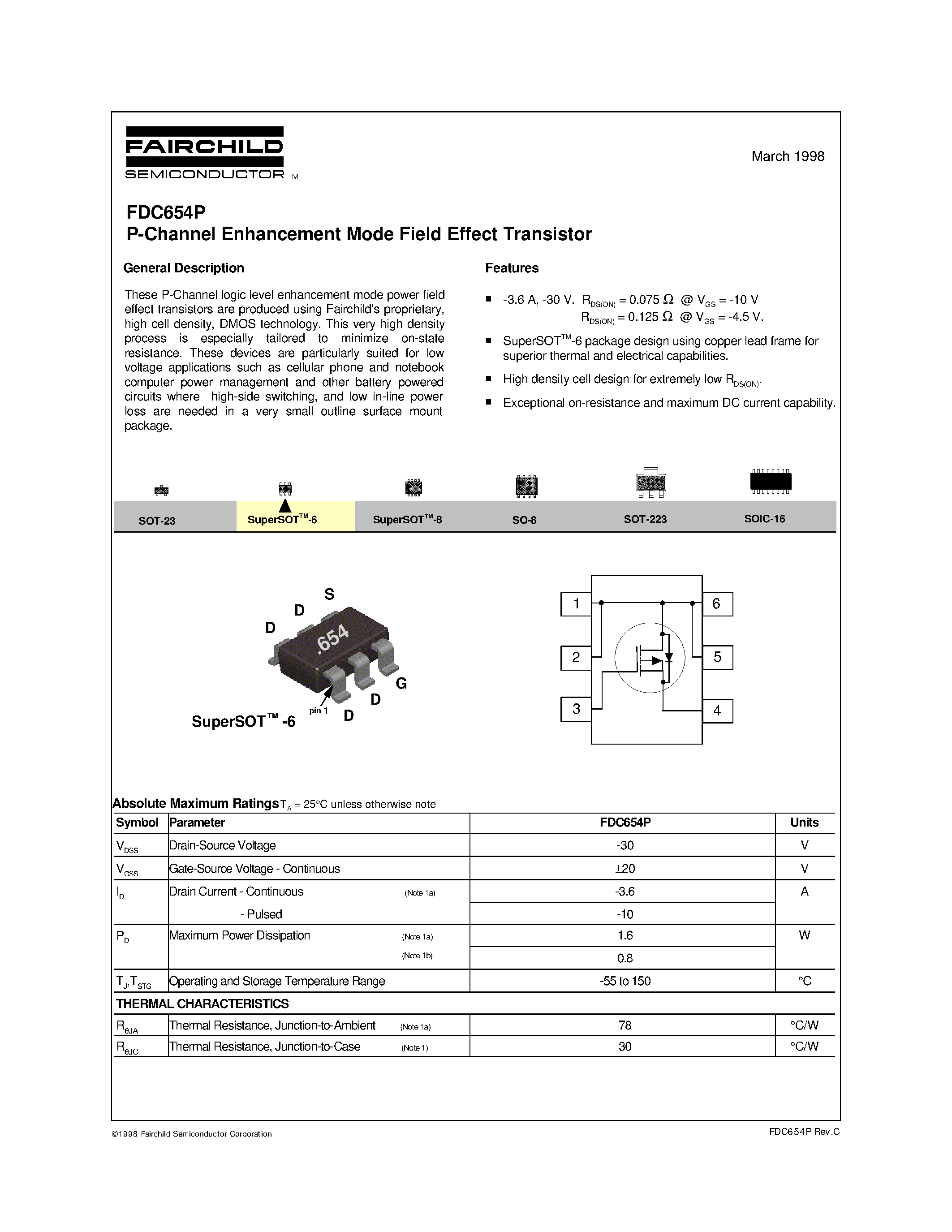 Datasheet FDC654P - P-Channel Enhancement Mode Field Effect Transistor page 1