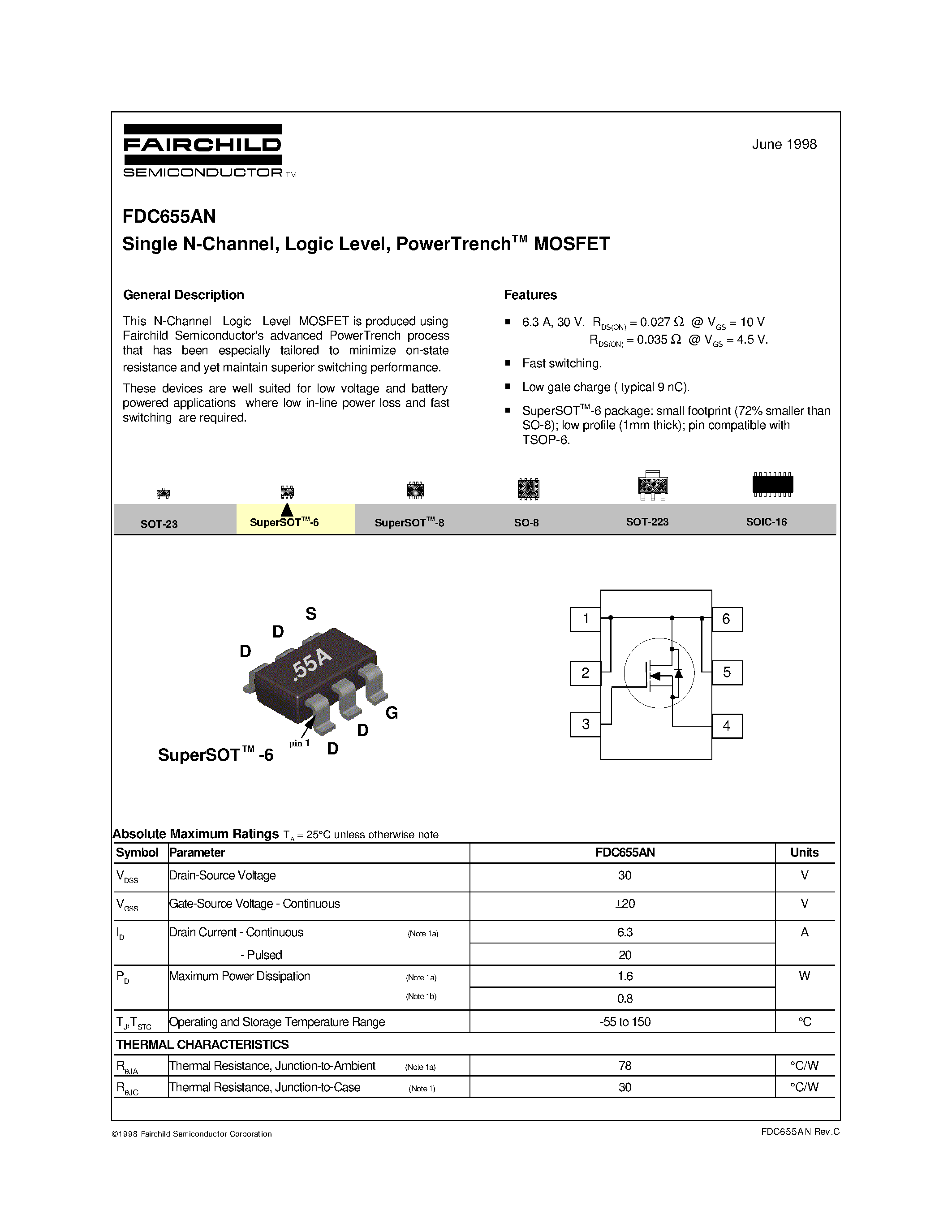 Даташит FDC655AN - Single N-Channel/ Logic Level/ PowerTrenchTM MOSFET страница 1