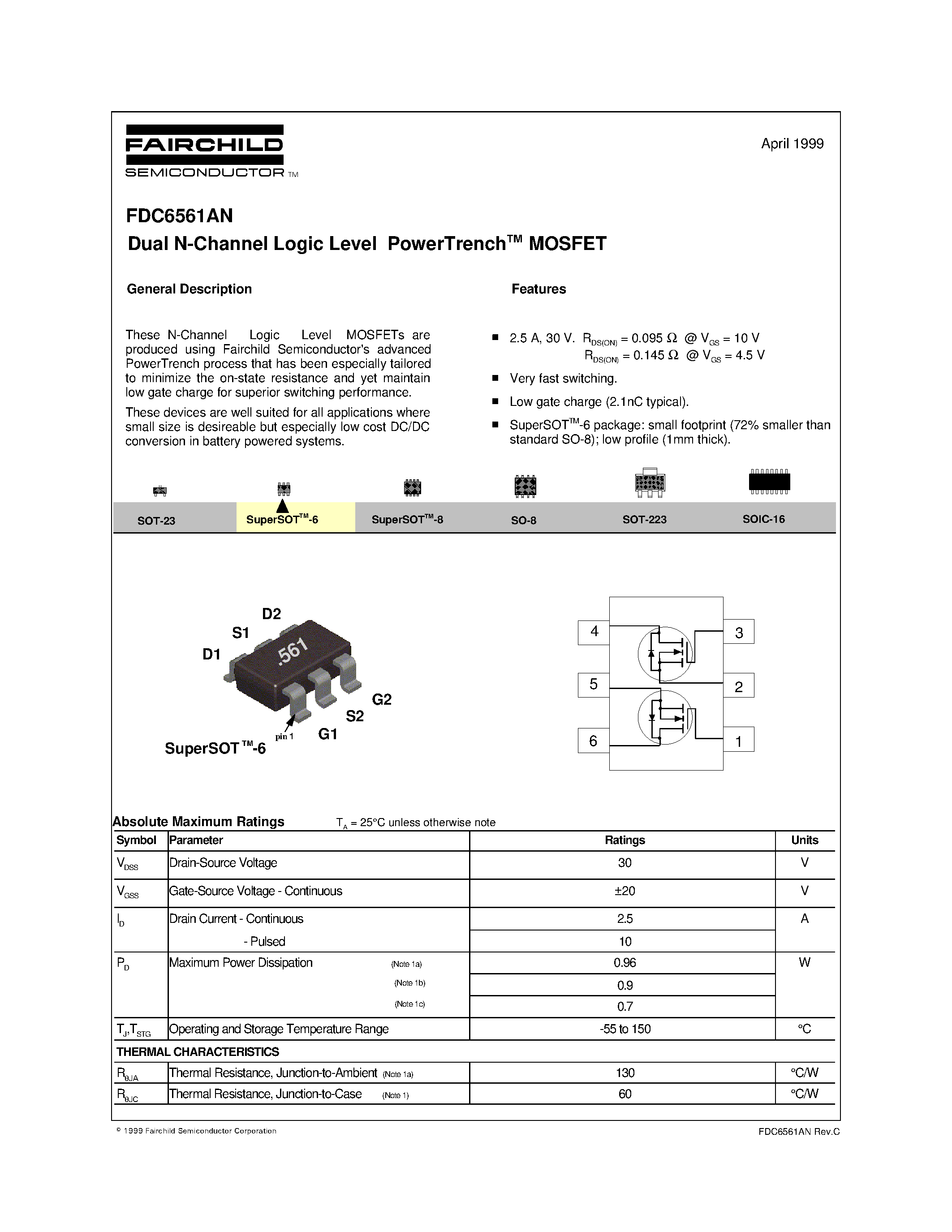 Datasheet FDC6561 - Dual N-Channel Logic Level PowerTrenchTM MOSFET page 1