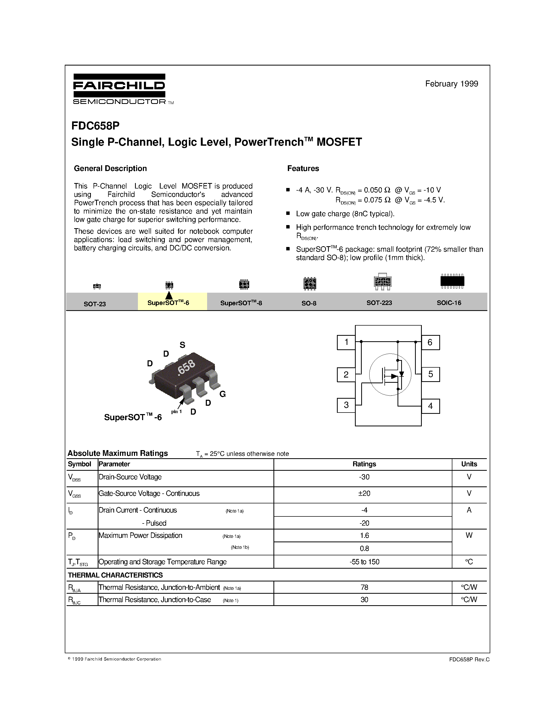 Даташит FDC658P - Single P-Channel/ Logic Level/ PowerTrenchTM MOSFET страница 1
