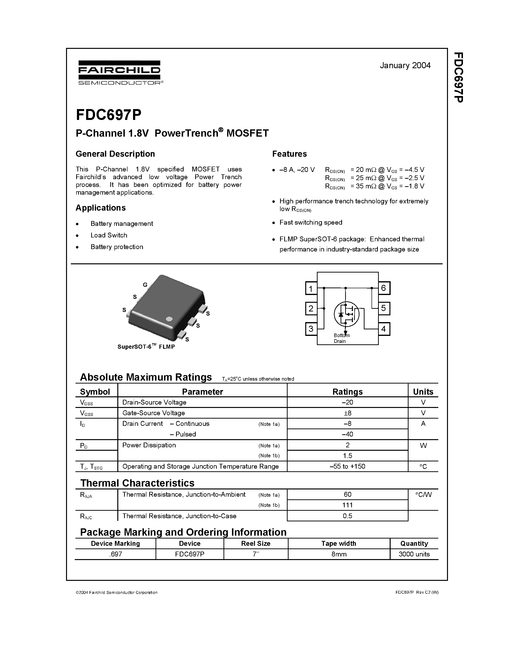 Datasheet FDC697P - P-Channel 1.8V PowerTrench MOSFET page 1