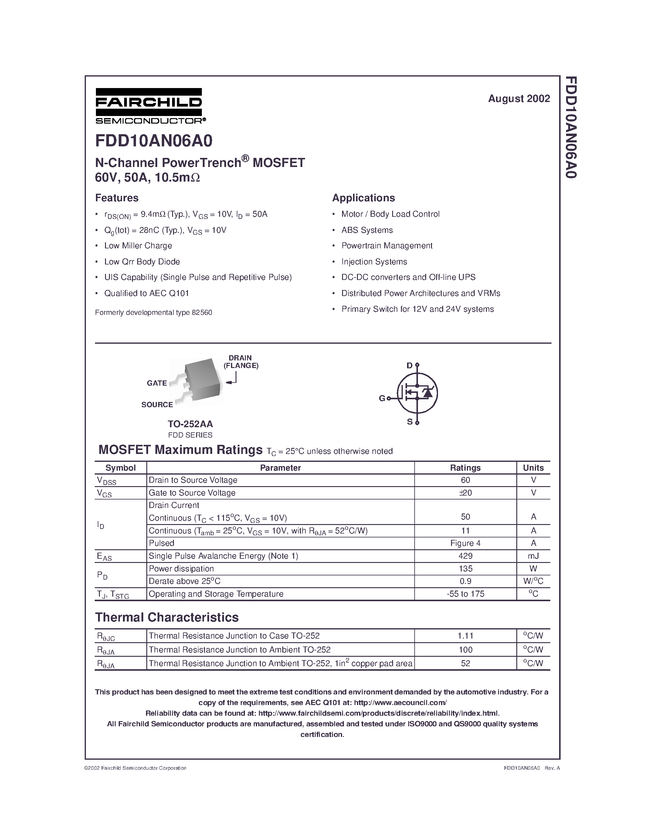 Даташит FDD10AN06A0 - N-Channel PowerTrench MOSFET 60V/ 50A/ 10.5m страница 1