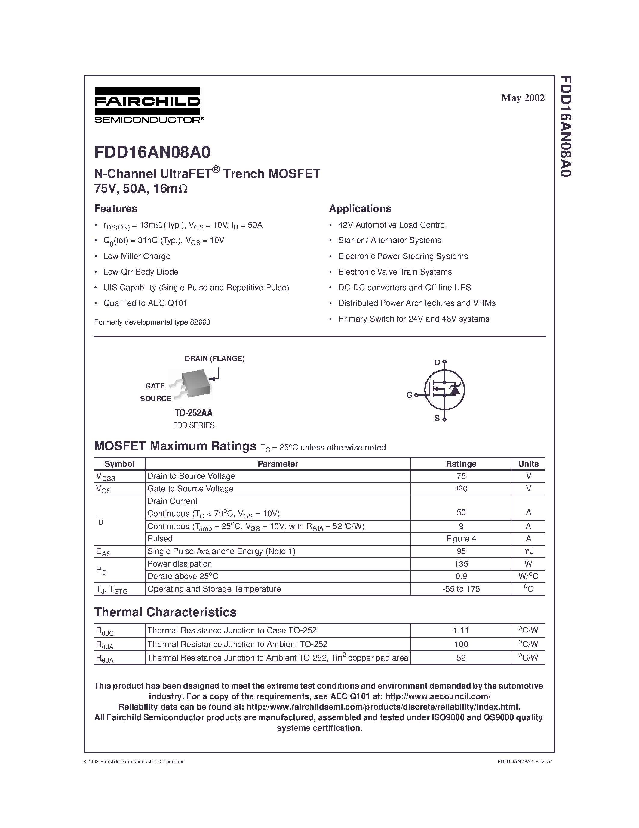 Даташит FDD16AN08A0 - N-Channel UltraFET Trench MOSFET 75V/ 50A/ 16m страница 1
