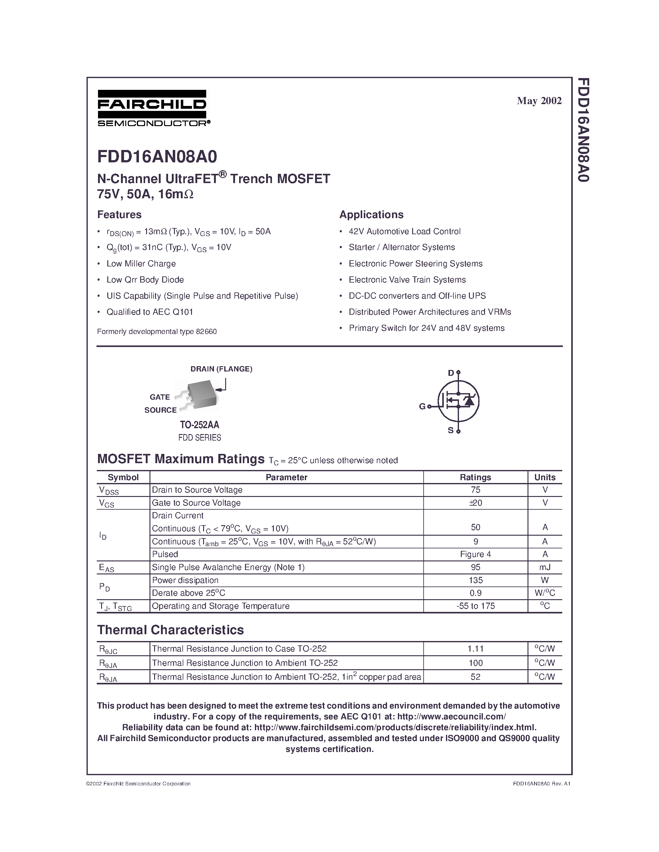 Datasheet FDD16AN08A0 - N-Channel UltraFET Trench MOSFET 75V/ 50A/ 16m page 1