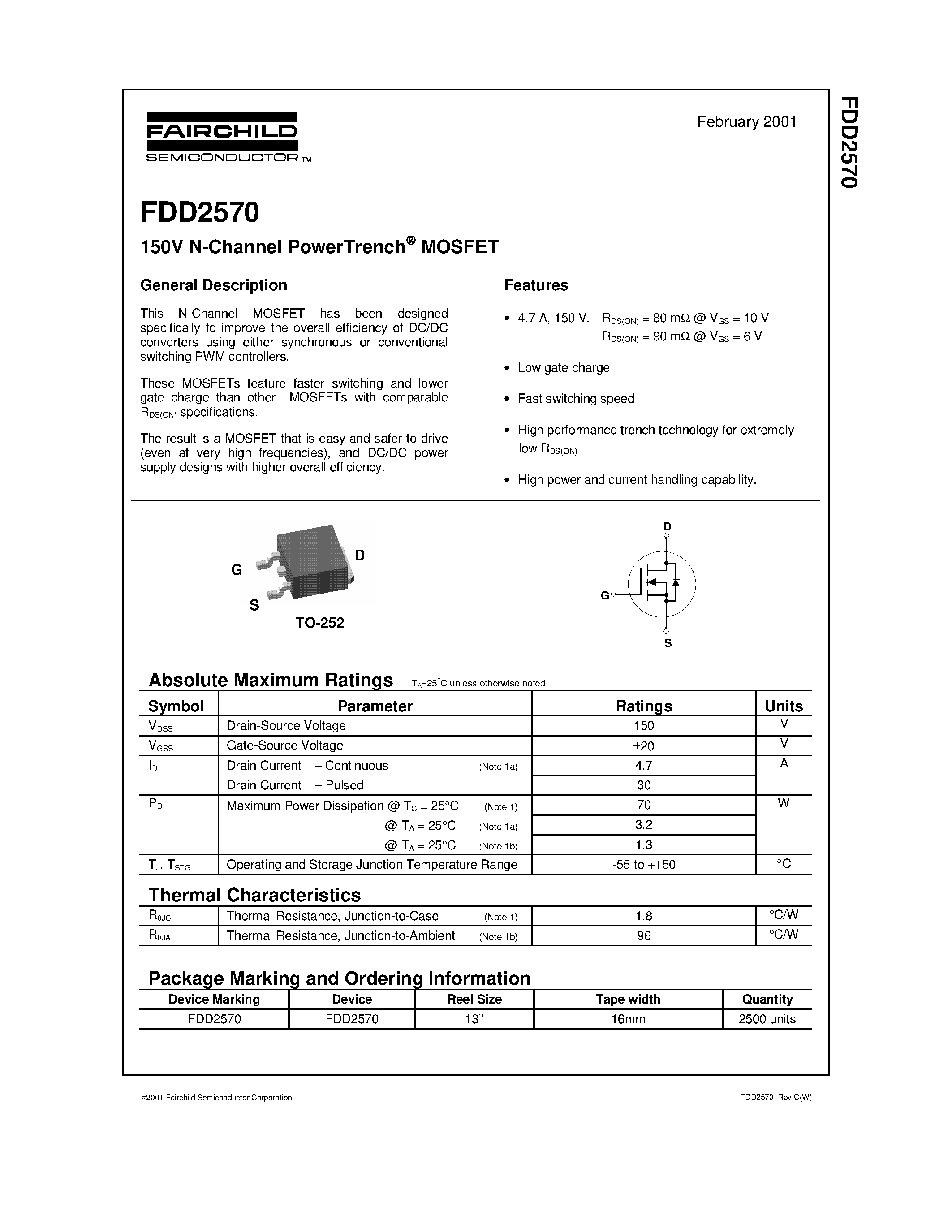 Даташит FDD2570 - 150V N-Channel PowerTrench MOSFET страница 1