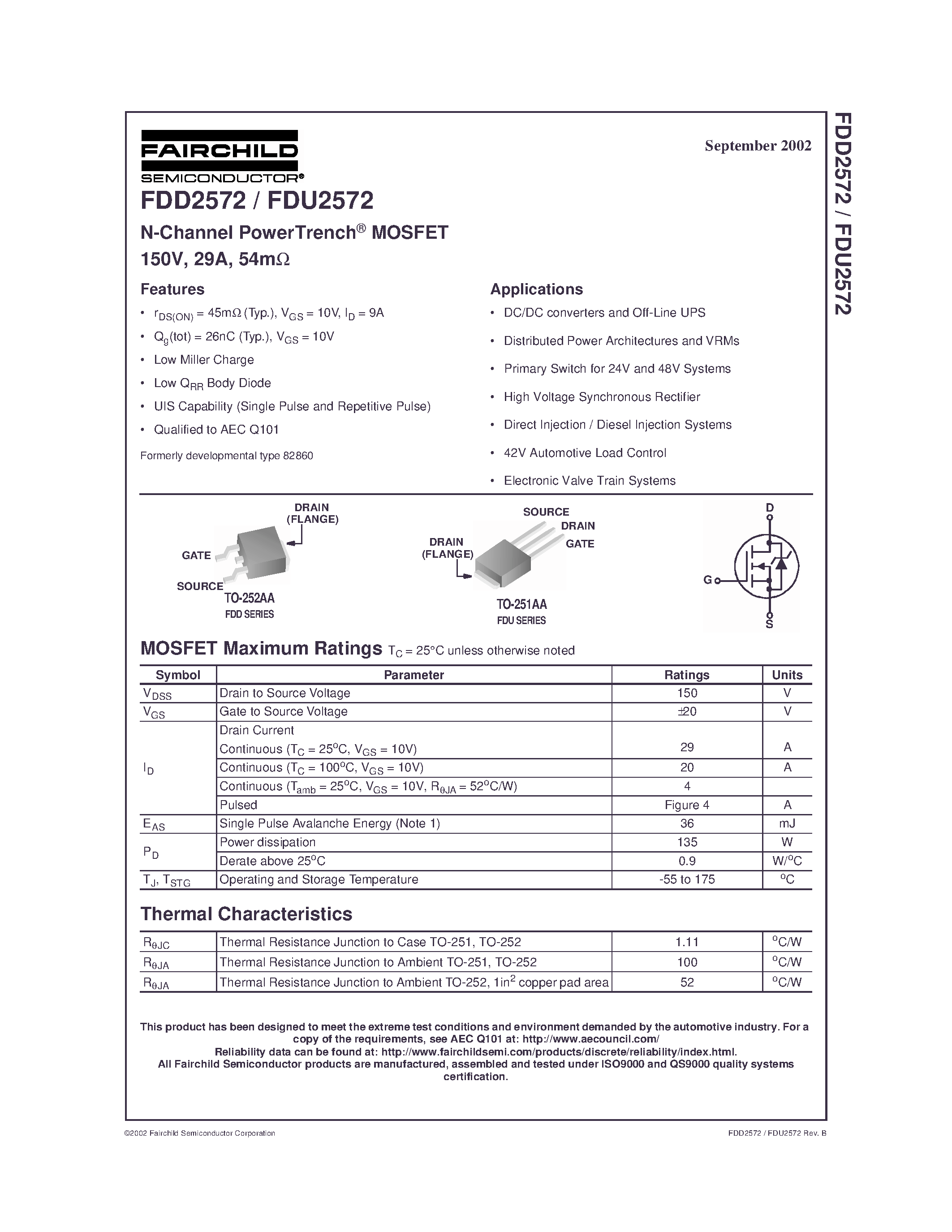Даташит FDD2572 - N-Channel PowerTrench MOSFET 150V/ 29A/ 54m страница 1
