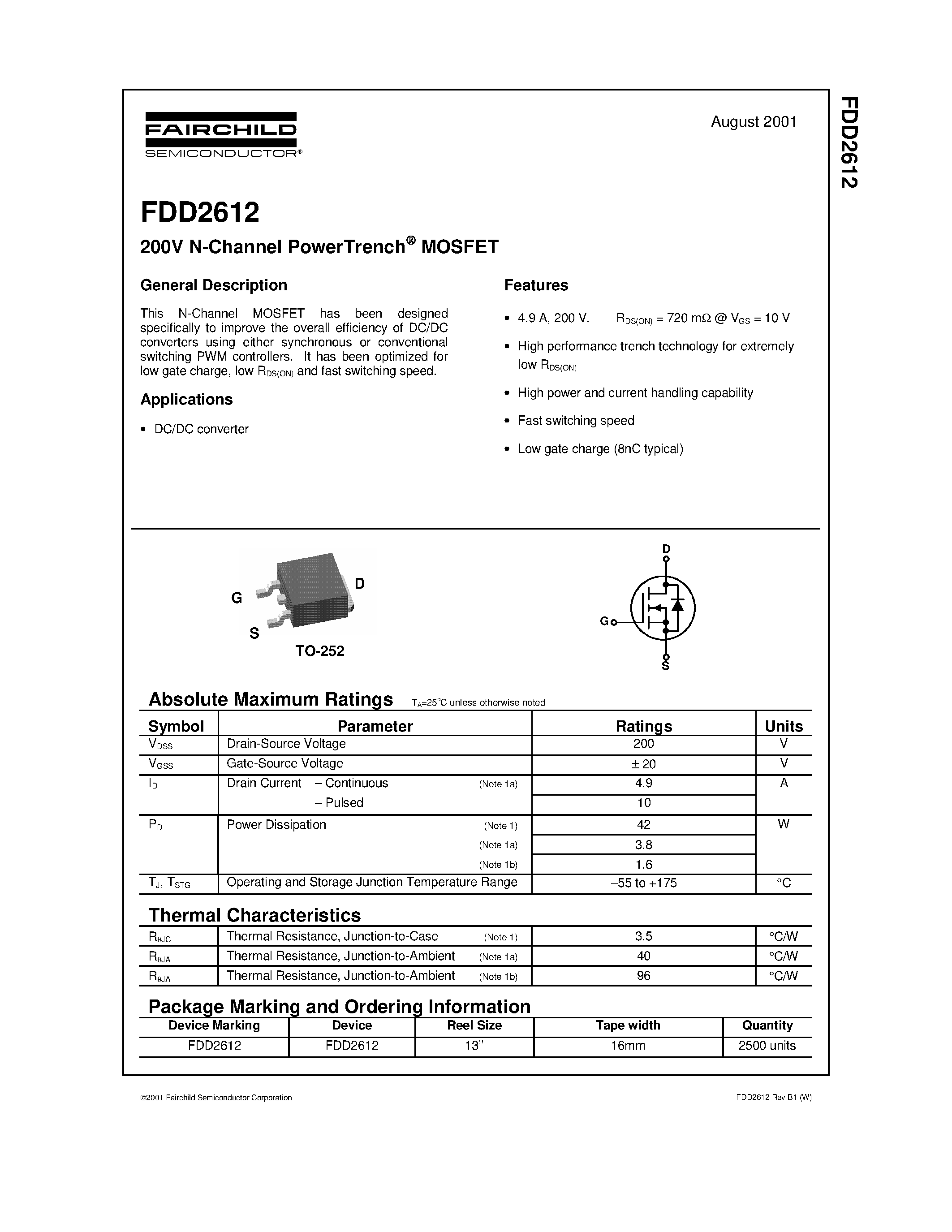 Даташит FDD2612 - 200V N-Channel PowerTrench MOSFET страница 1