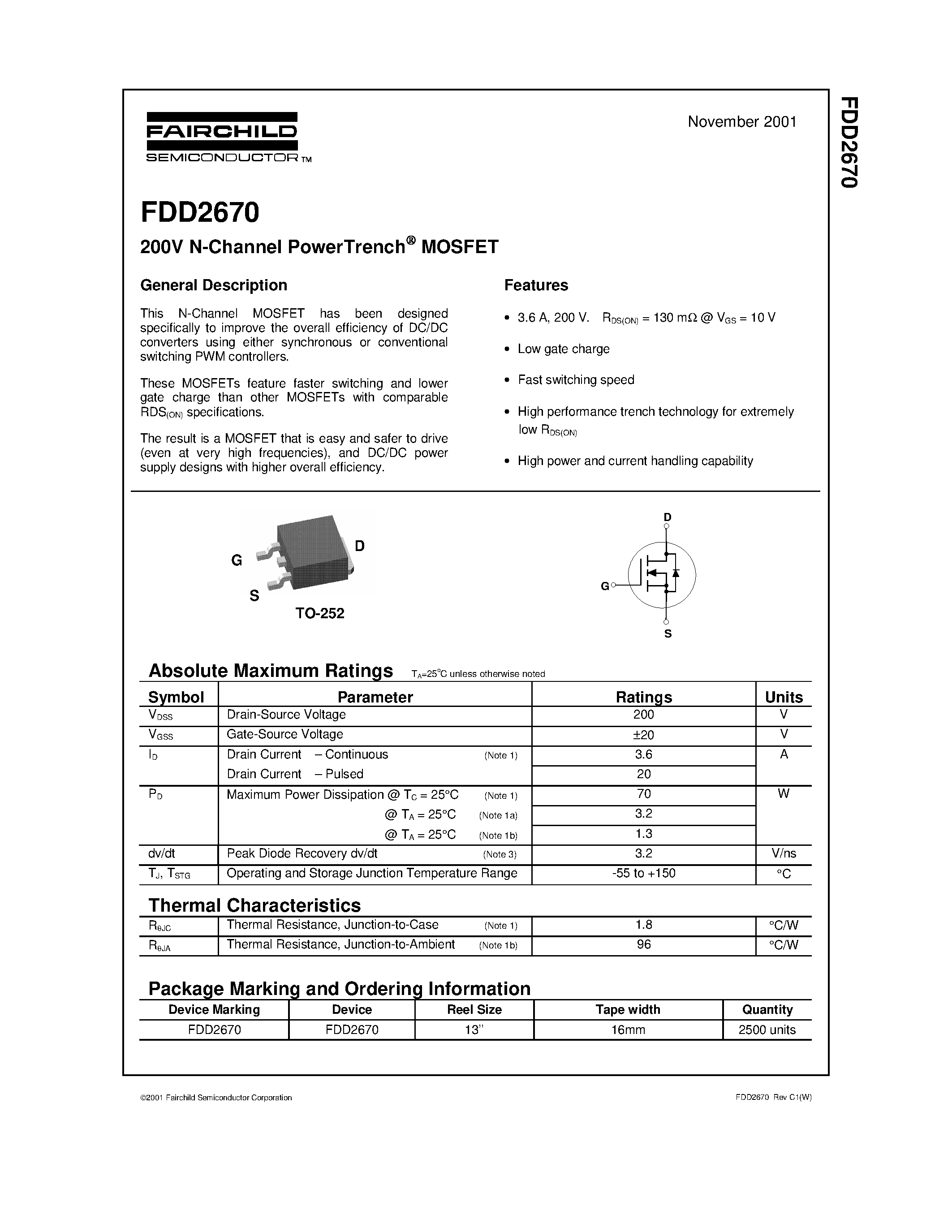 Даташит FDD2670 - 200V N-Channel PowerTrench MOSFET страница 1