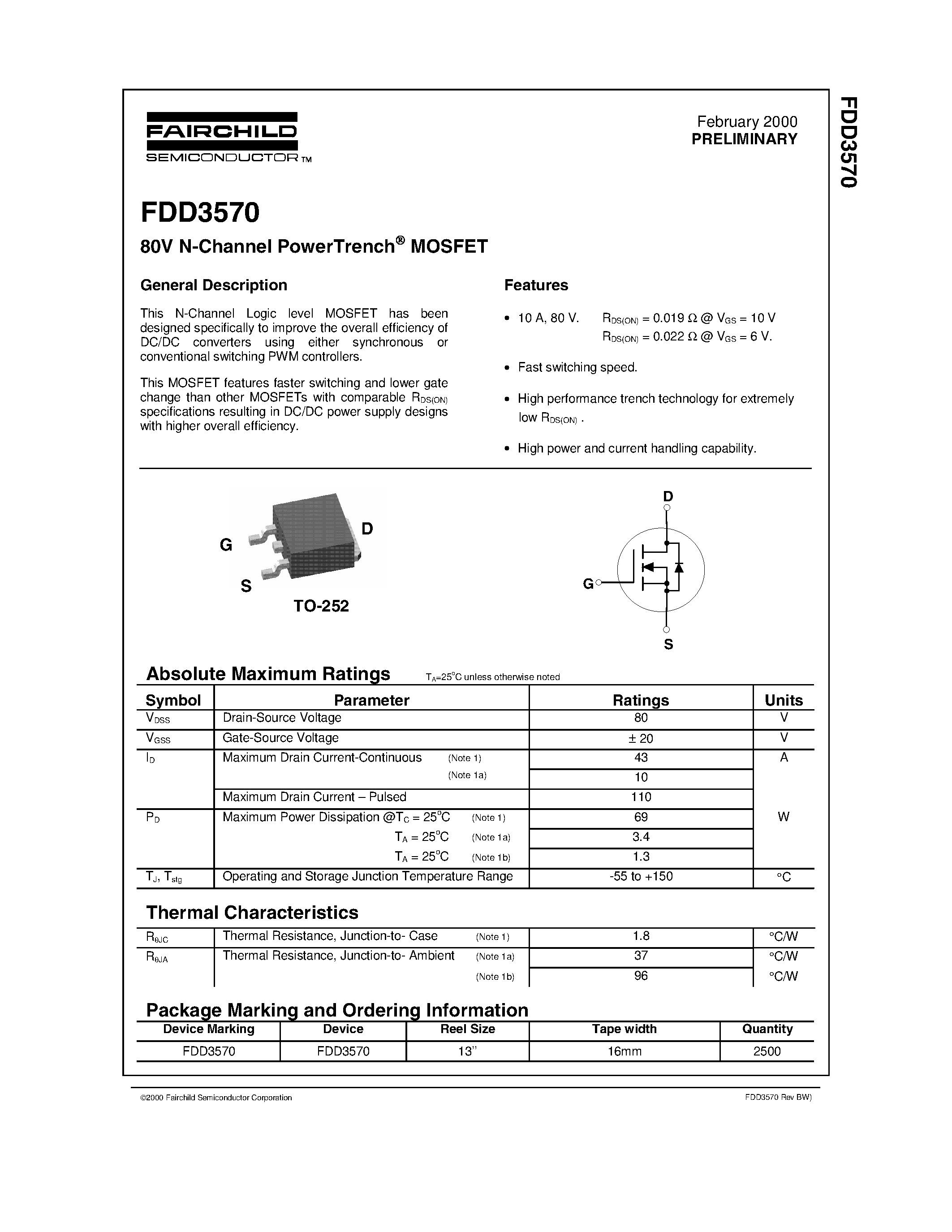 Даташит FDD3570 - 80V N-Channel PowerTrench MOSFET страница 1