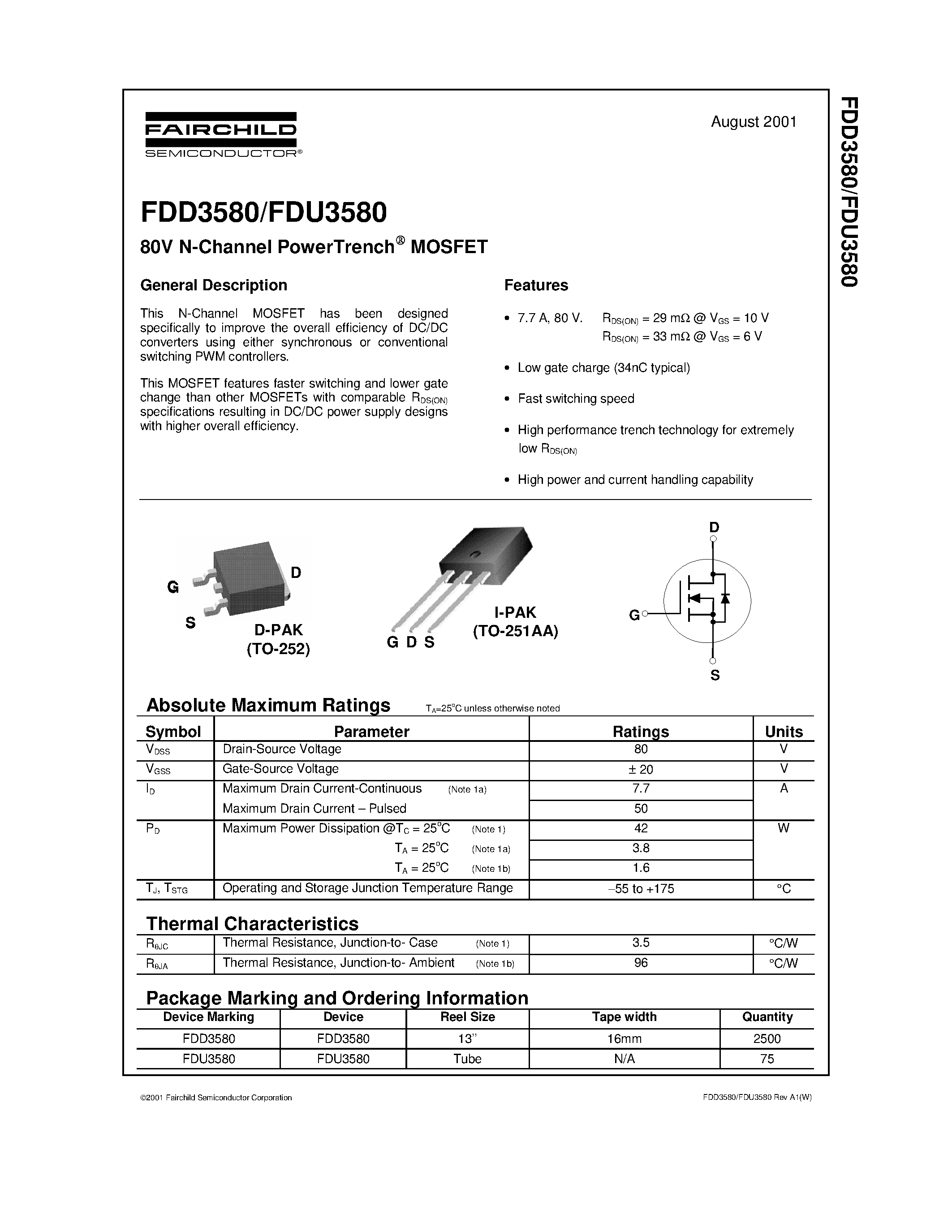 Даташит FDD3580 - 80V N-Channel PowerTrench MOSFET страница 1