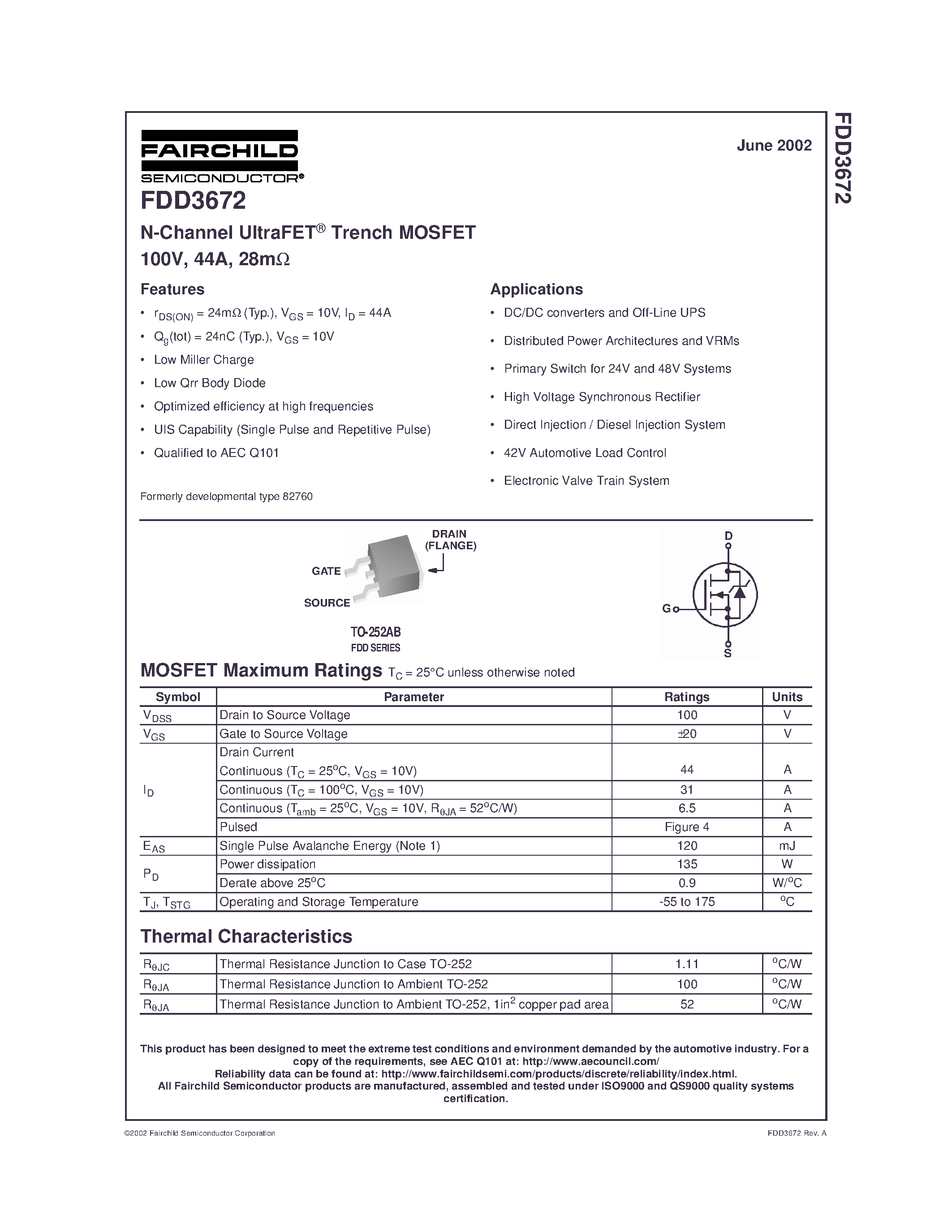 Даташит FDD3672 - N-Channel UltraFET Trench MOSFET 100V/ 44A/ 28m страница 1