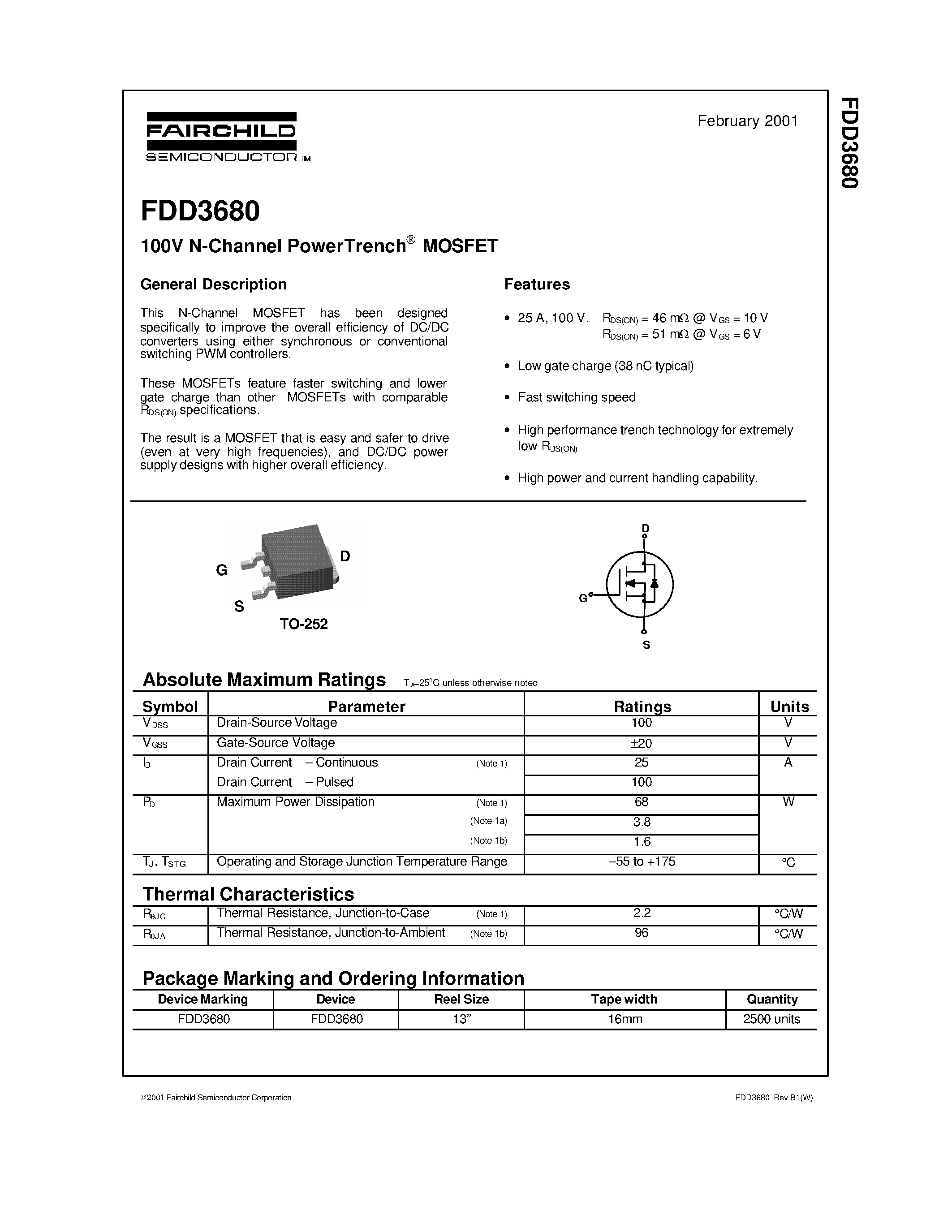 Даташит FDD3680 - 100V N-Channel PowerTrench MOSFET страница 1