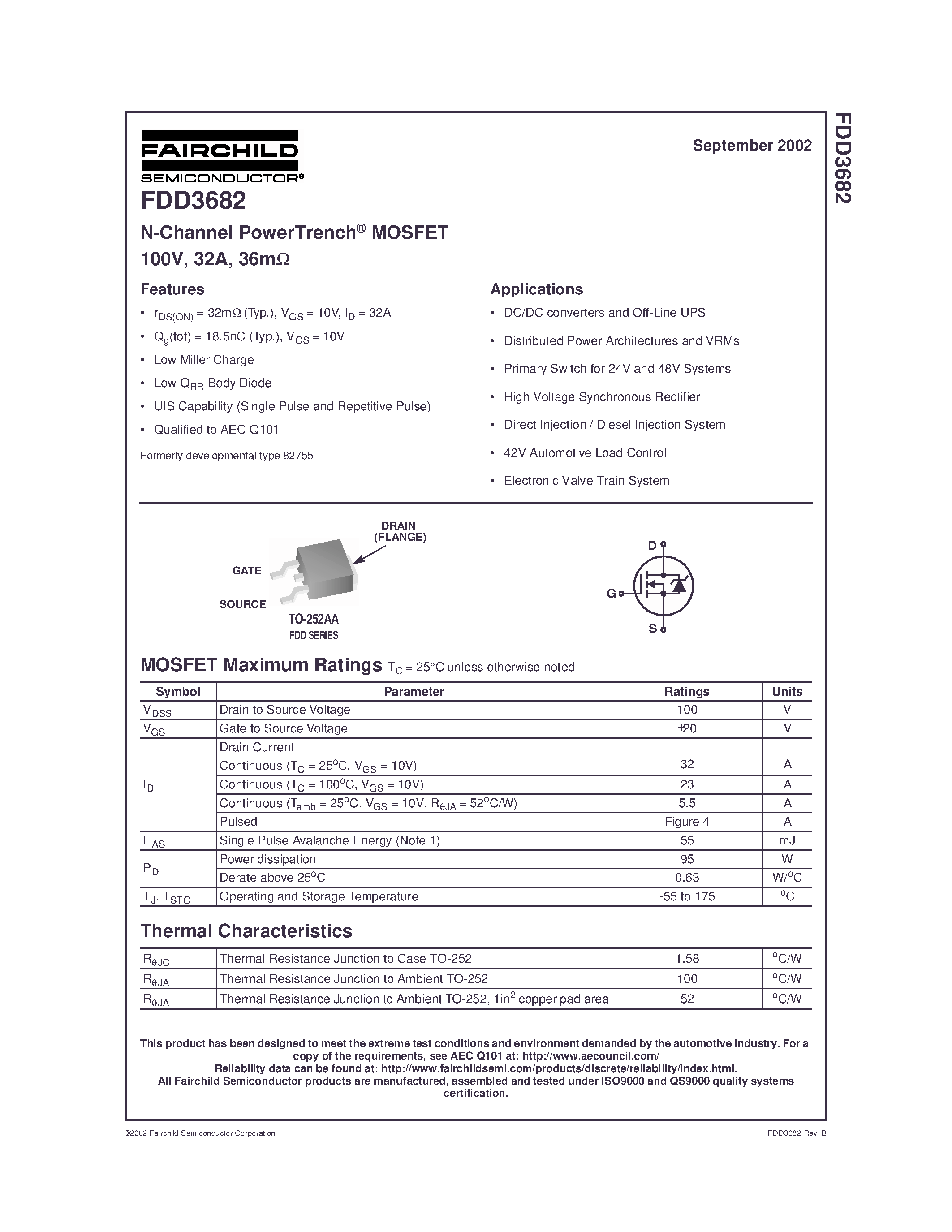 Даташит FDD3682 - N-Channel PowerTrench MOSFET 100V/ 32A/ 36m страница 1