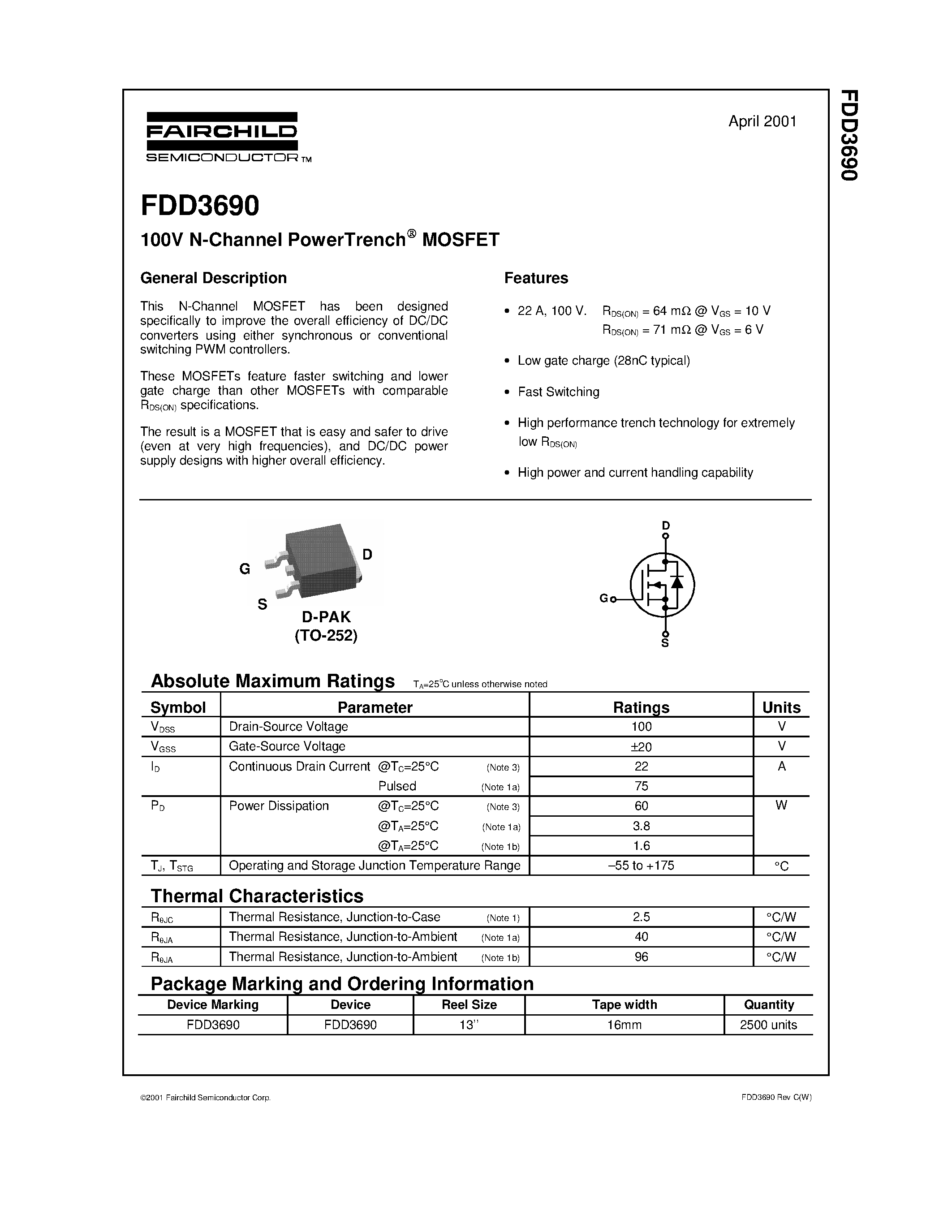 Даташит FDD3690 - 100V N-Channel PowerTrench MOSFET страница 1