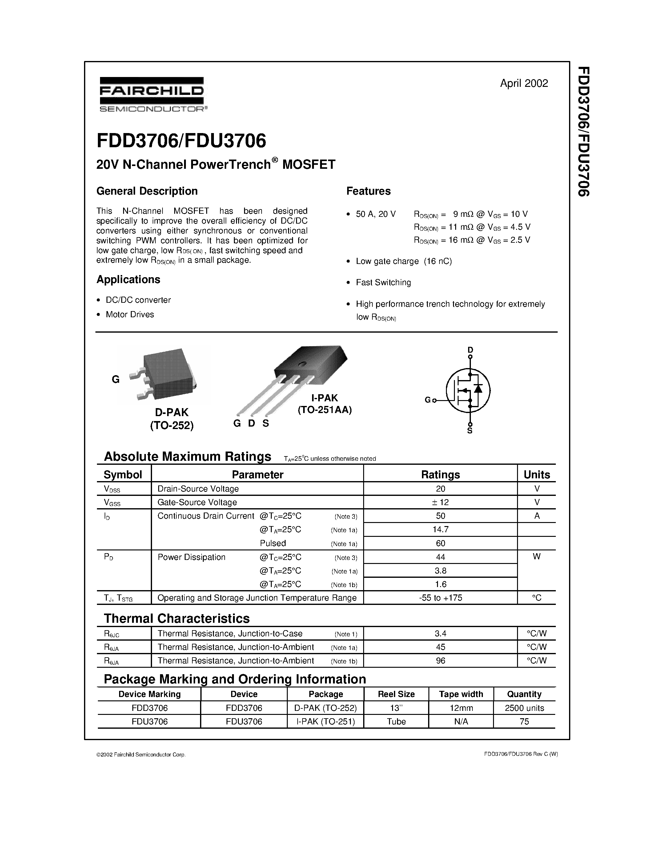 Даташит FDD3706 - 20V N-Channel PowerTrench MOSFET страница 1