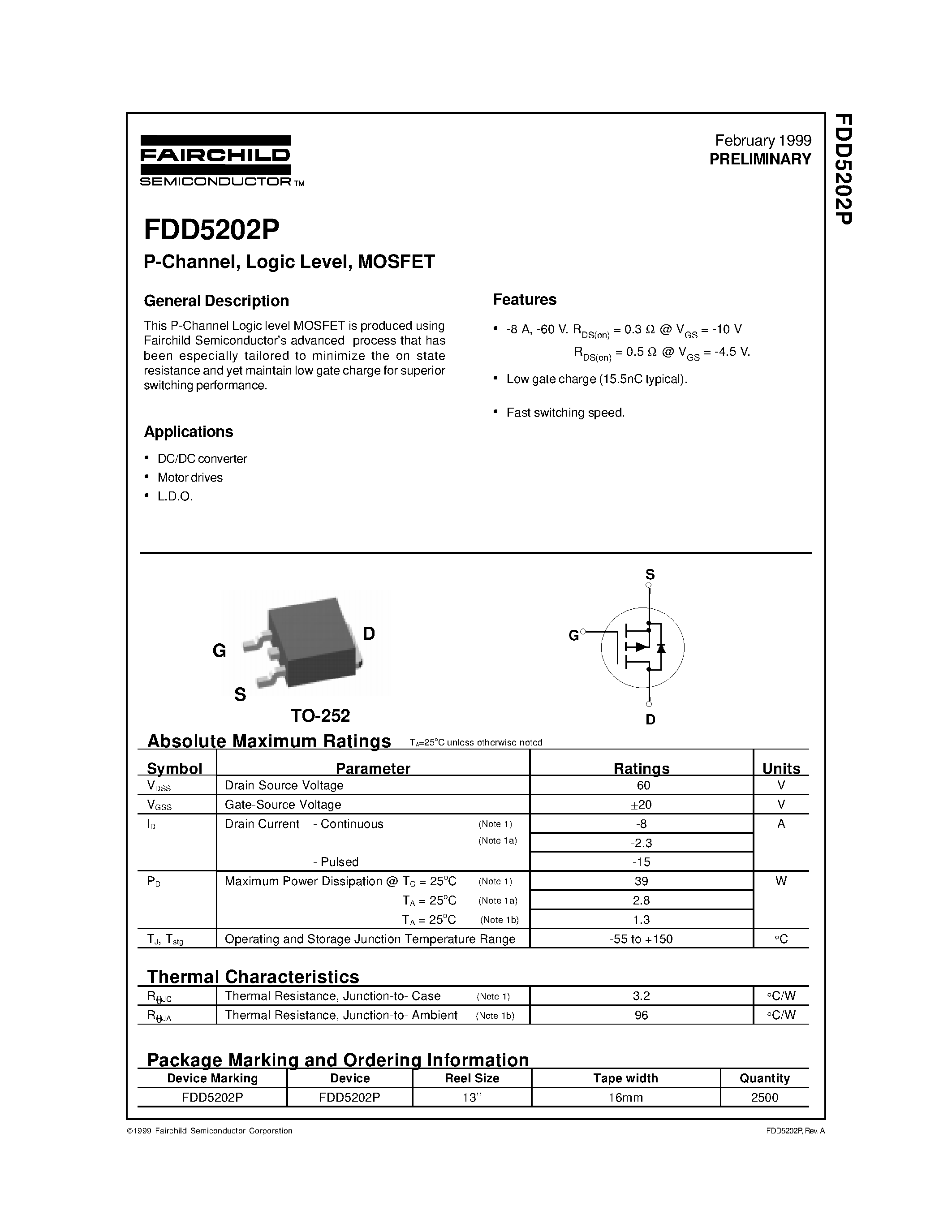 Даташит FDD5202P - P-Channel/ Logic Level/ MOSFET страница 1