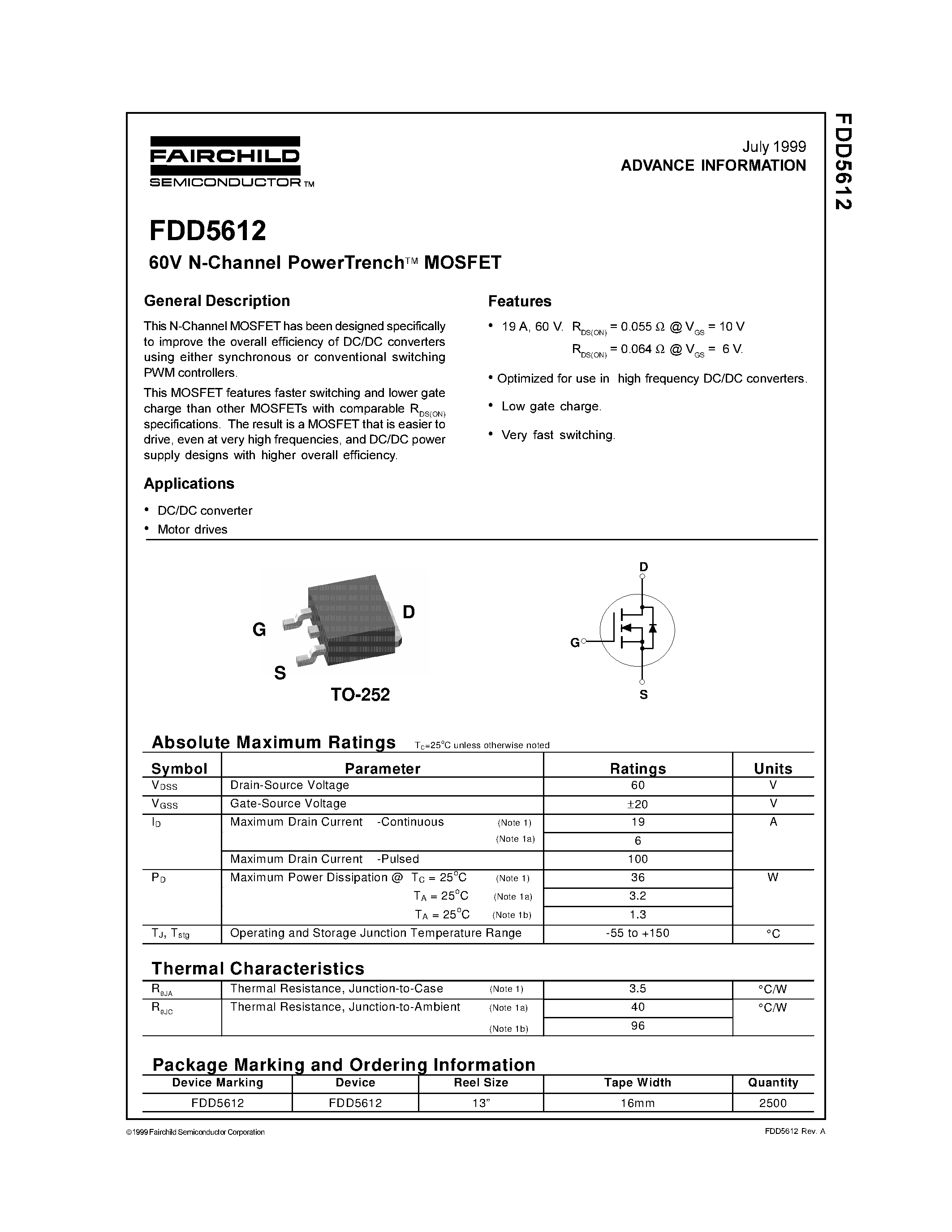 Даташит FDD5612 - 60V N-Channel PowerTrench MOSFET страница 1