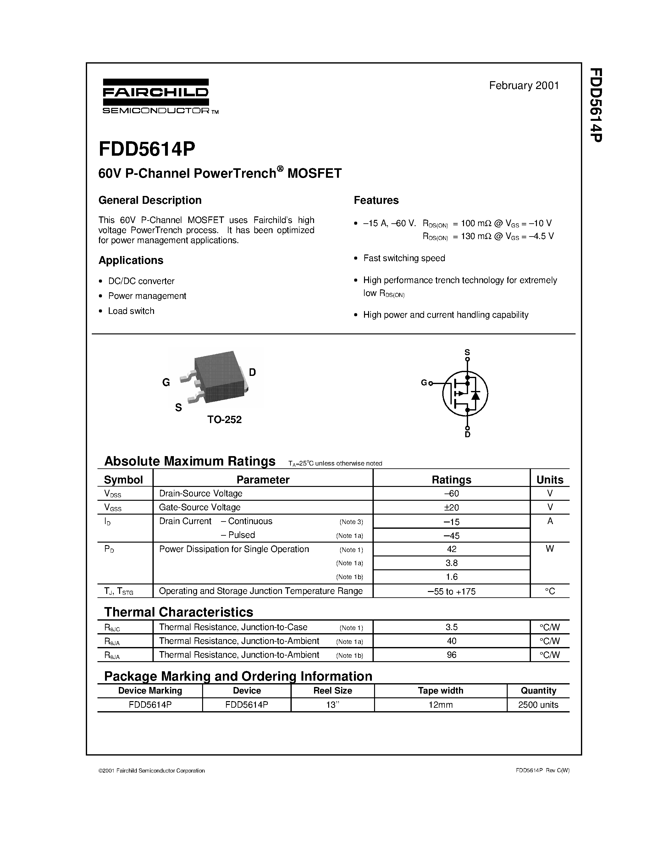 Даташит FDD5614P - 60V P-Channel PowerTrench MOSFET страница 1