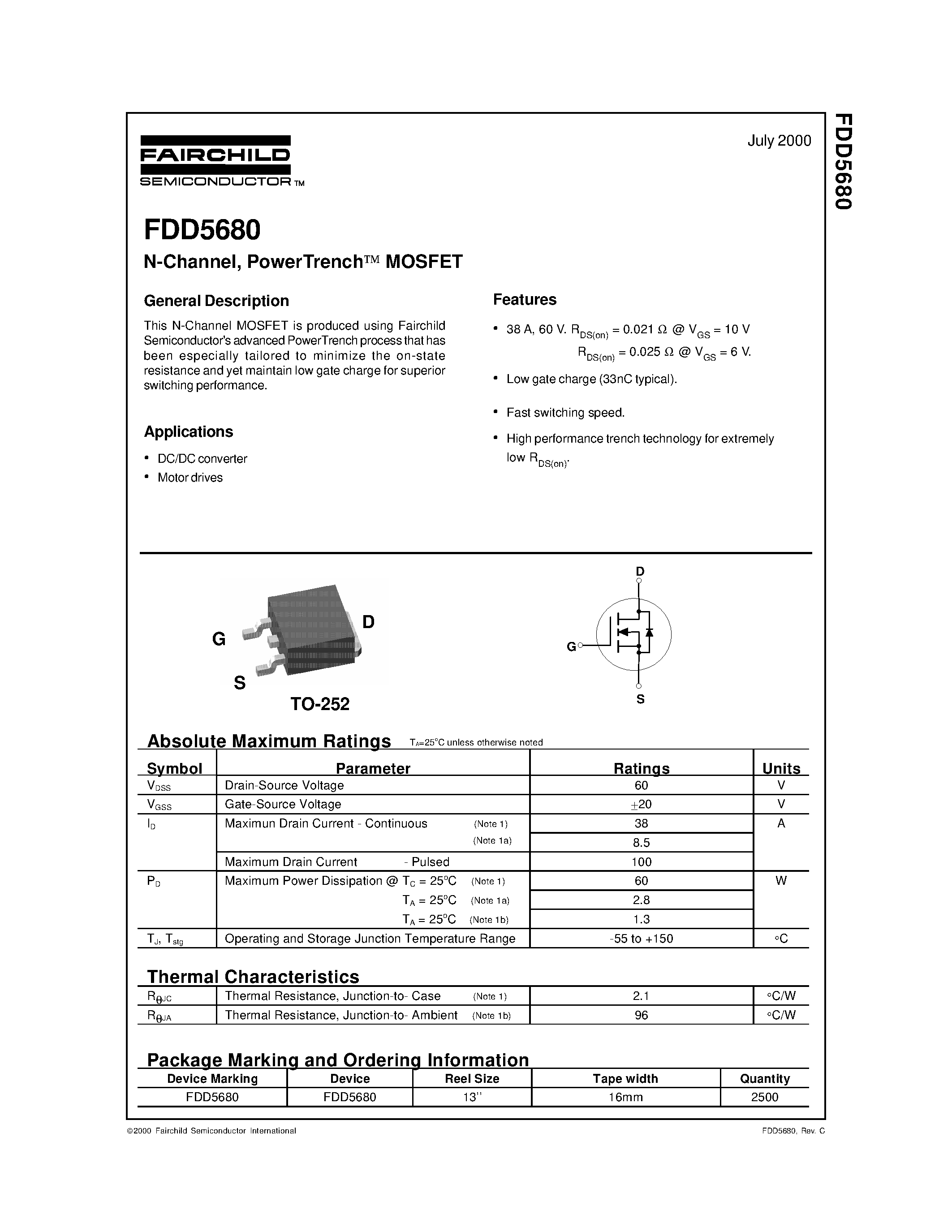 Даташит FDD5680 - N-Channel/ PowerTrench MOSFET страница 1