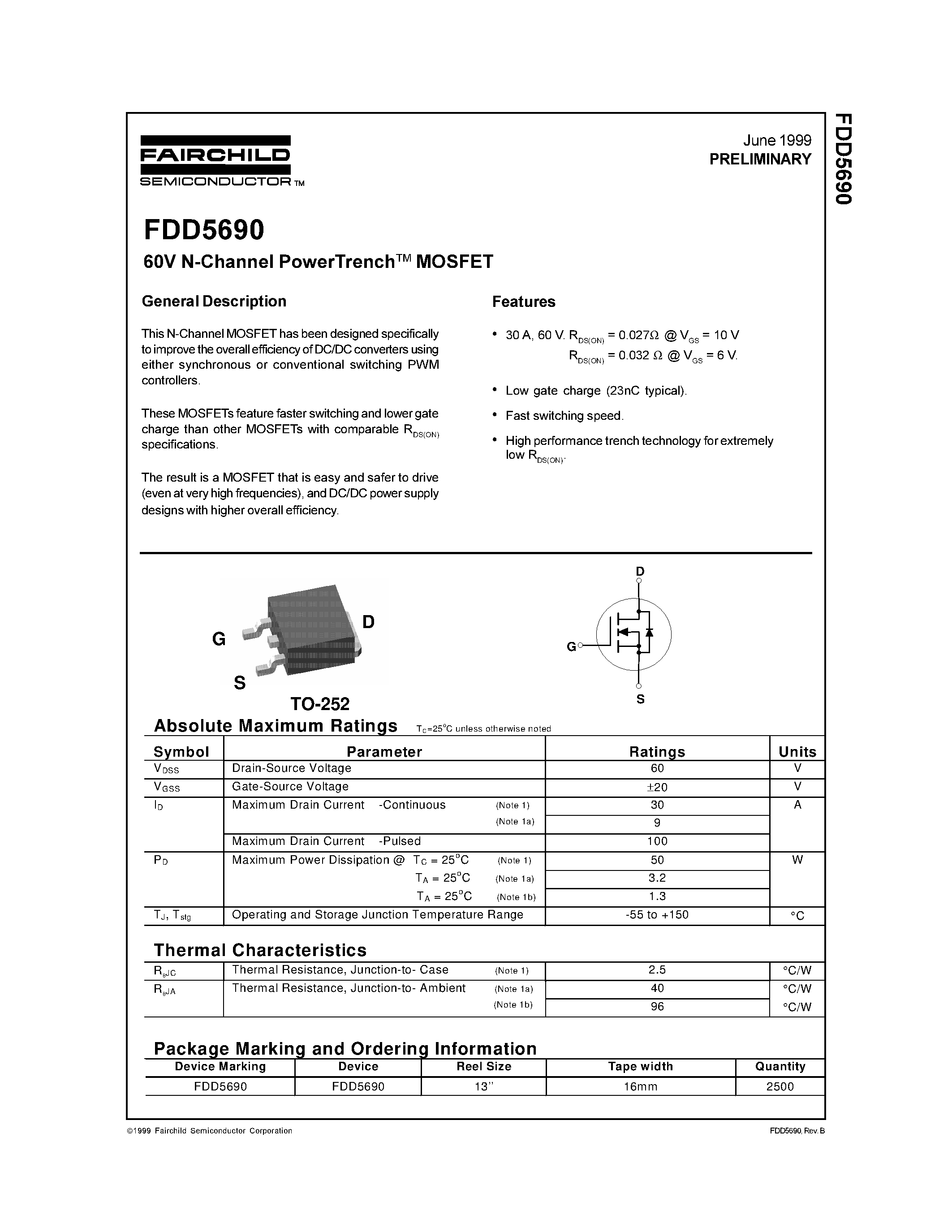 Datasheet FDD5690 page 1 Datasheet FDD5690 - 60V N-Channel PowerTrench MOSFET page 1