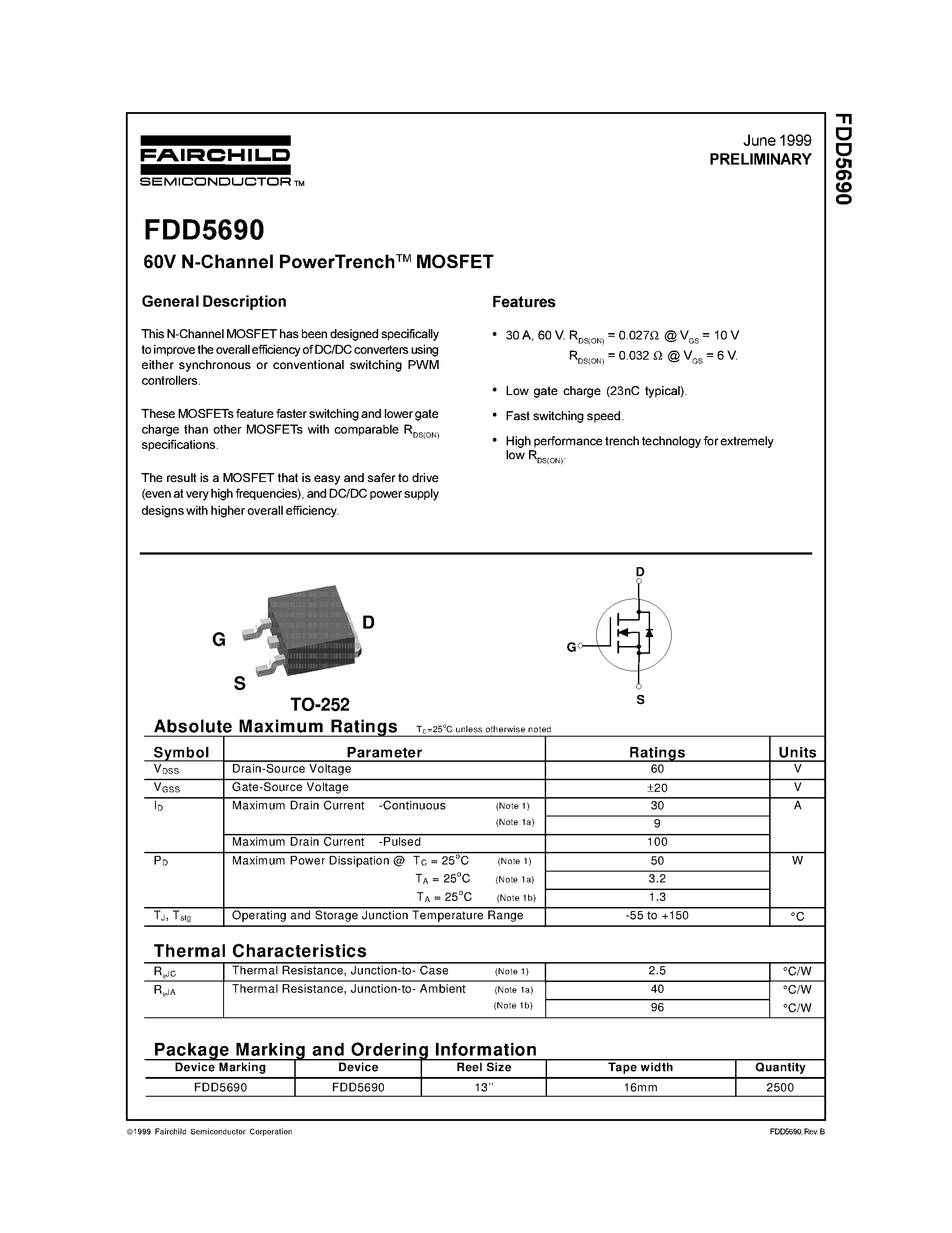 Даташит FDD5690 - 60V N-Channel PowerTrench MOSFET страница 1
