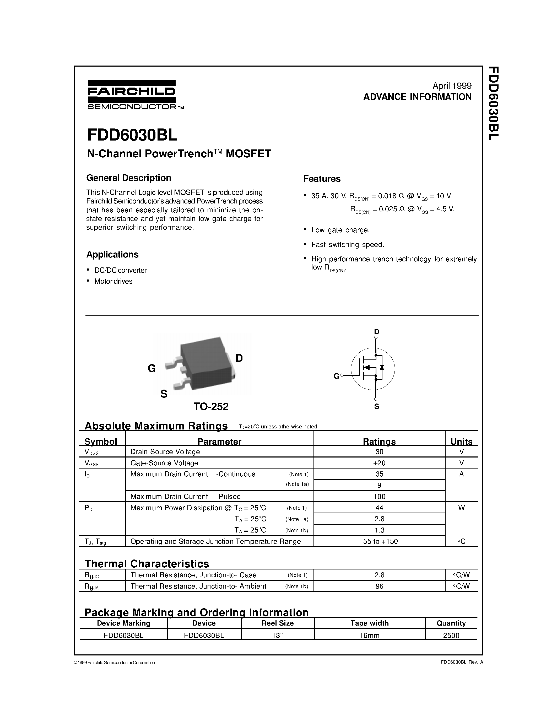 Datasheet FDD6030 page 1 Datasheet FDD6030 - N-Channel Logic Level Enhancement Mode Field Effect Transistor page 1