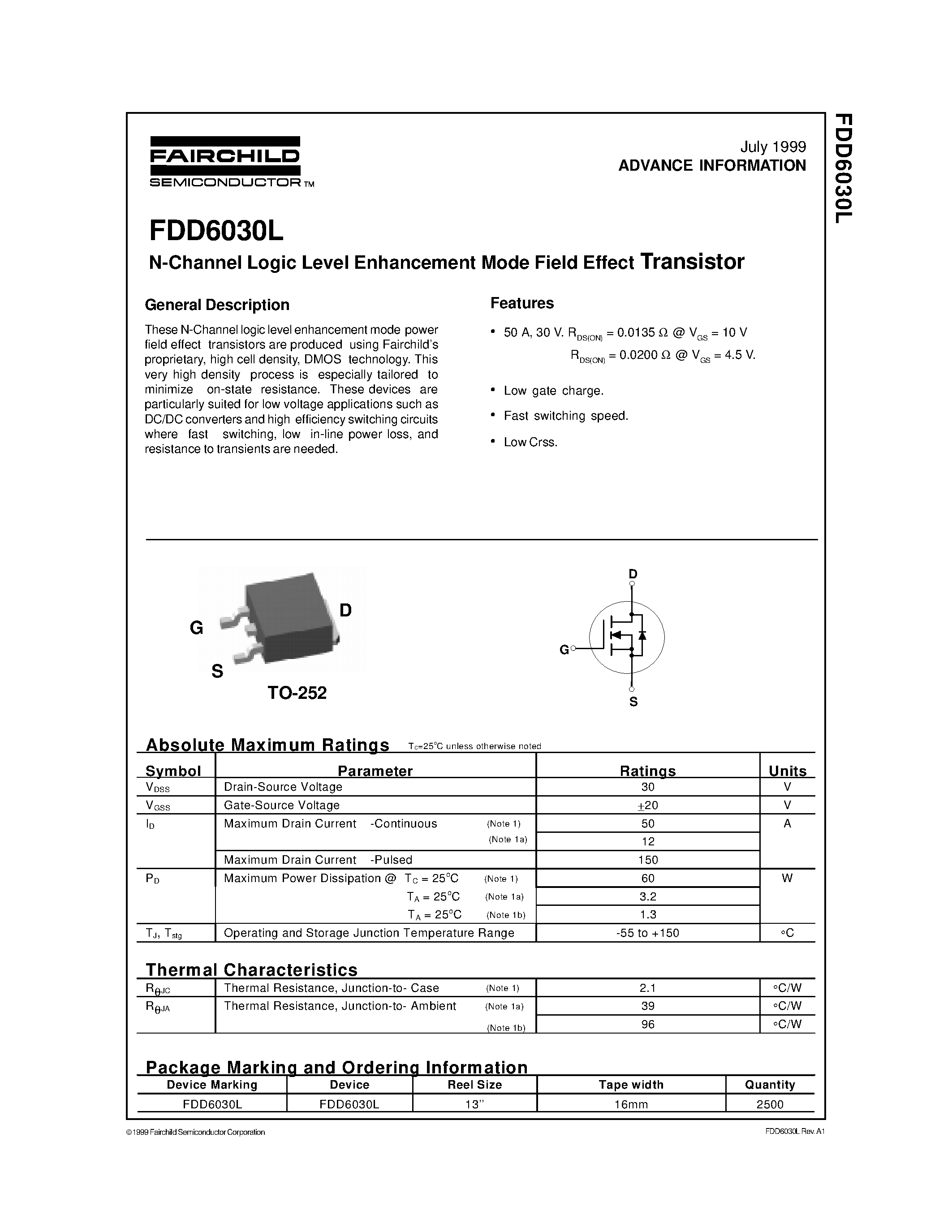 Даташит FDD6030L - N-Channel Logic Level Enhancement Mode Field Effect Transistor страница 1