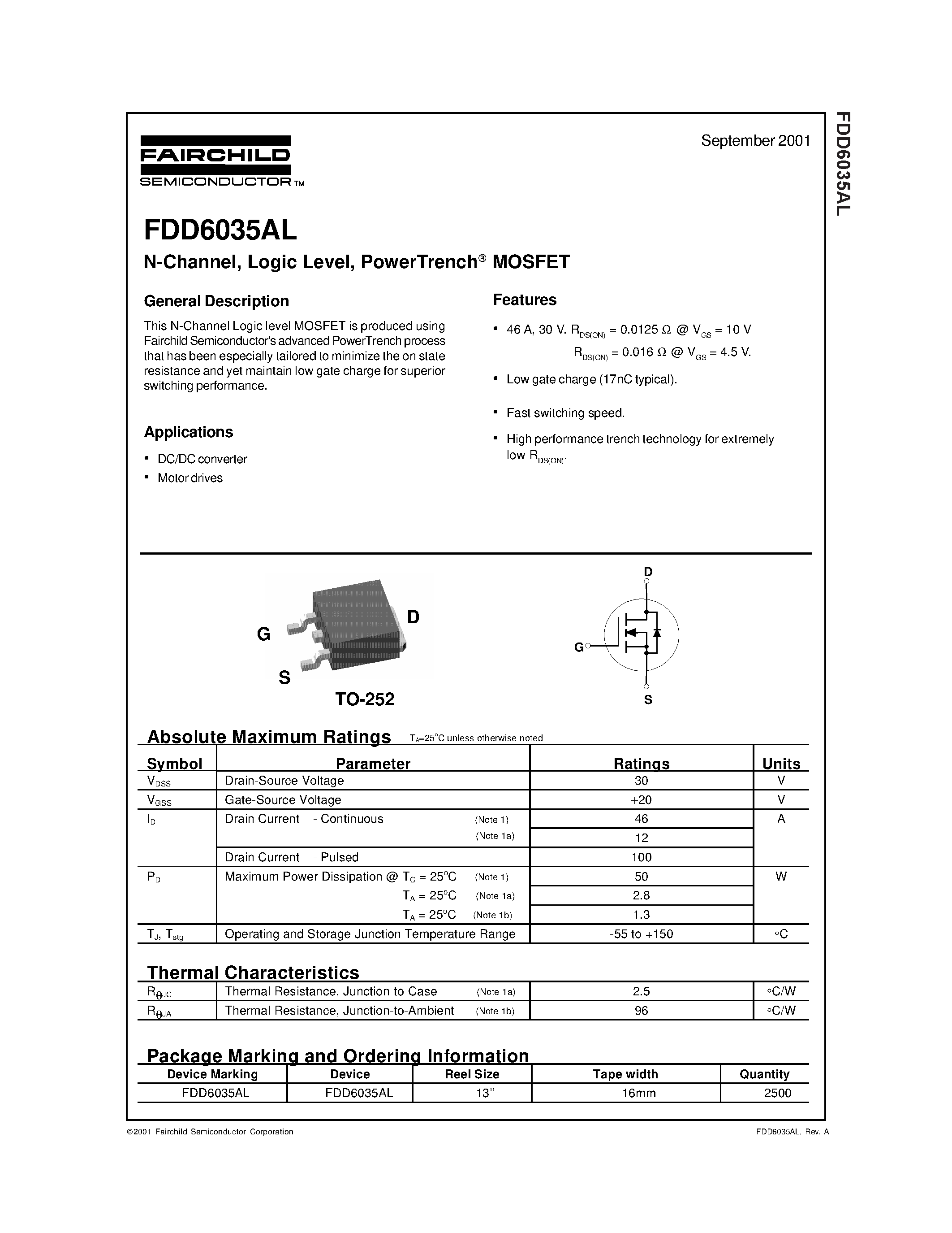 Даташит FDD6035AL - N-Channel/ Logic Level/ PowerTrench MOSFET страница 1