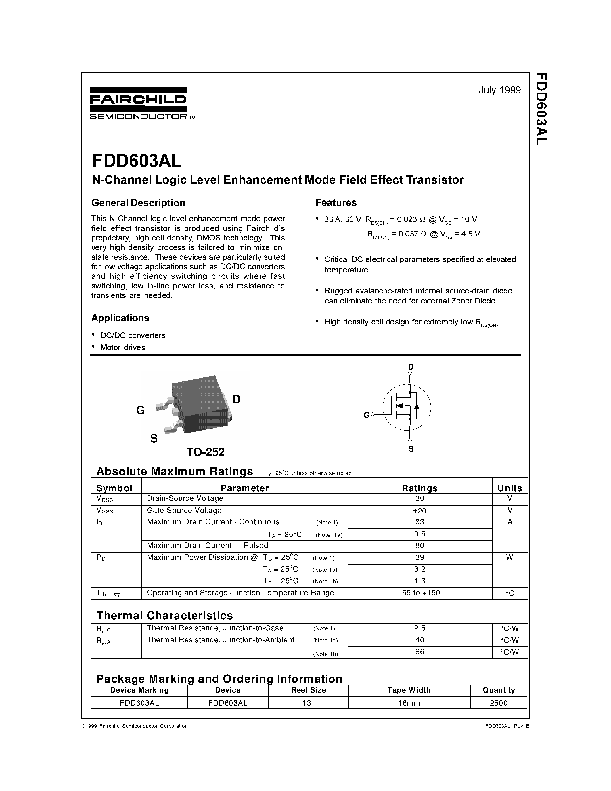 Даташит FDD603AL - N-Channel Logic Level Enhancement Mode Field Effect Transistor страница 1