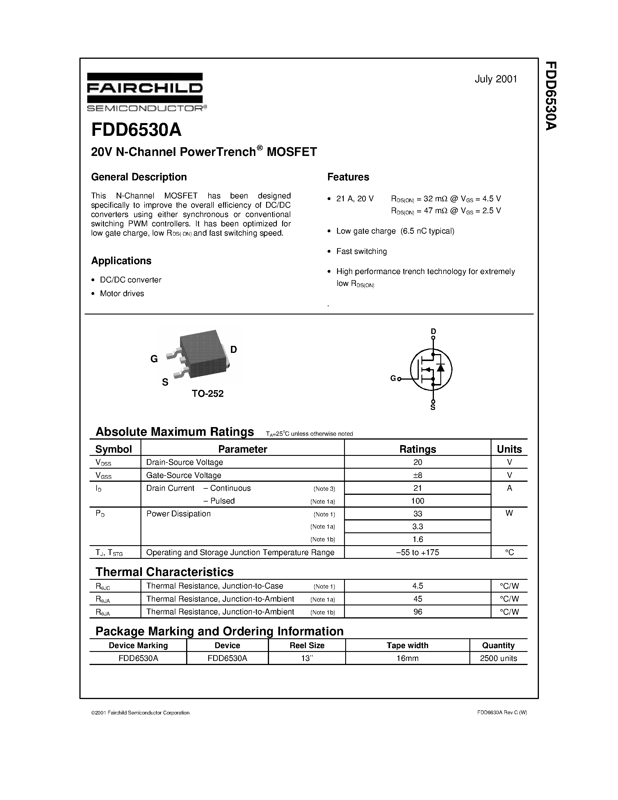 Datasheet FDD6530A page 1 Datasheet FDD6530A - 20V N-Channel PowerTrench MOSFET page 1
