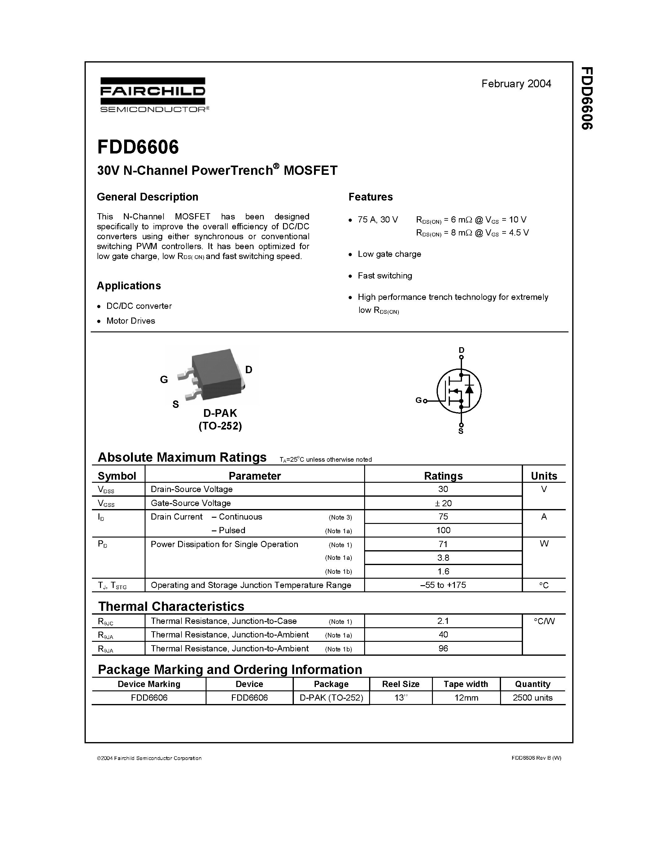 Datasheet FDD6606 page 1 Datasheet FDD6606 - 30V N-Channel PowerTrench MOSFET page 1