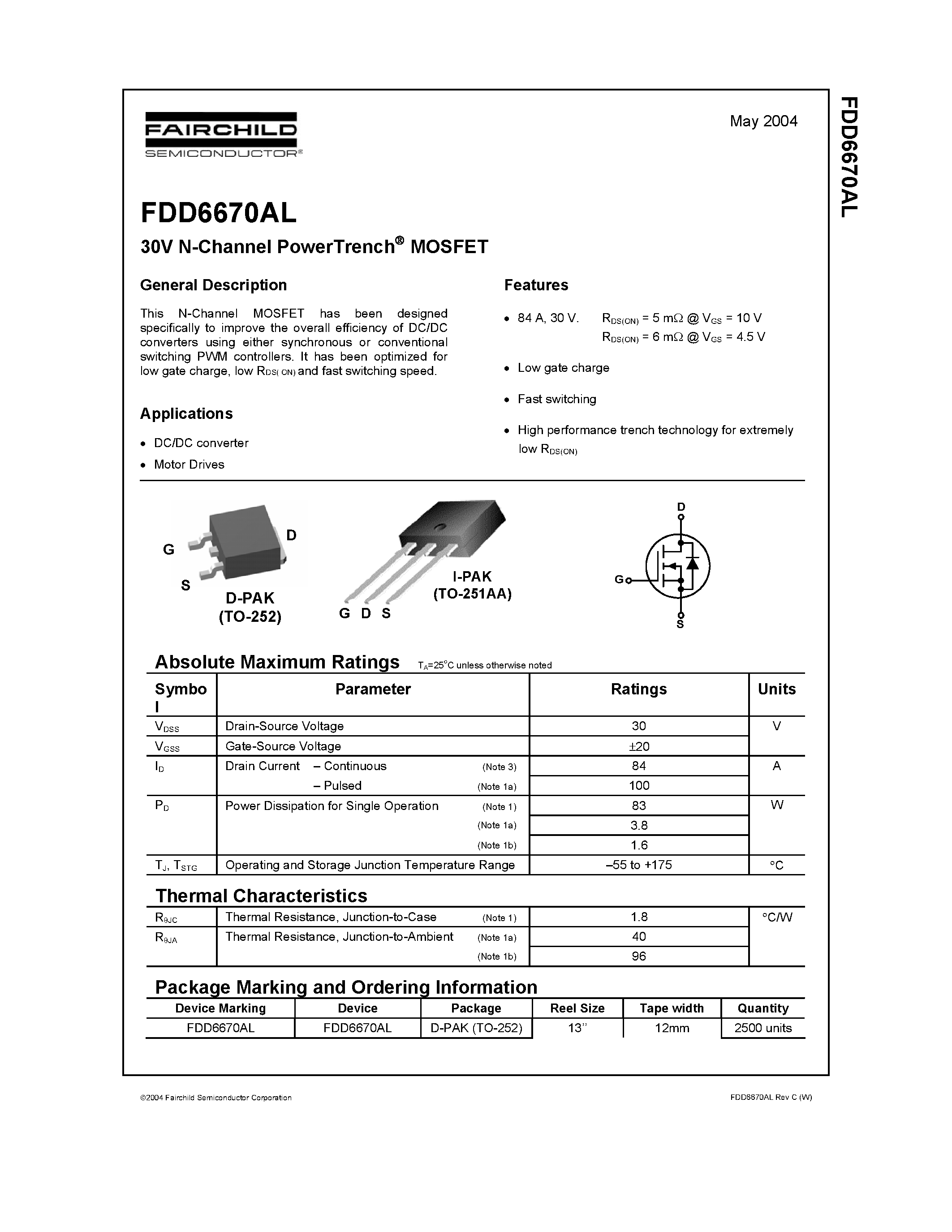 Даташит на микросхему FDD6670AL страница 1 Даташит FDD6670AL - 30V N-Channel PowerTrench MOSFET страница 1