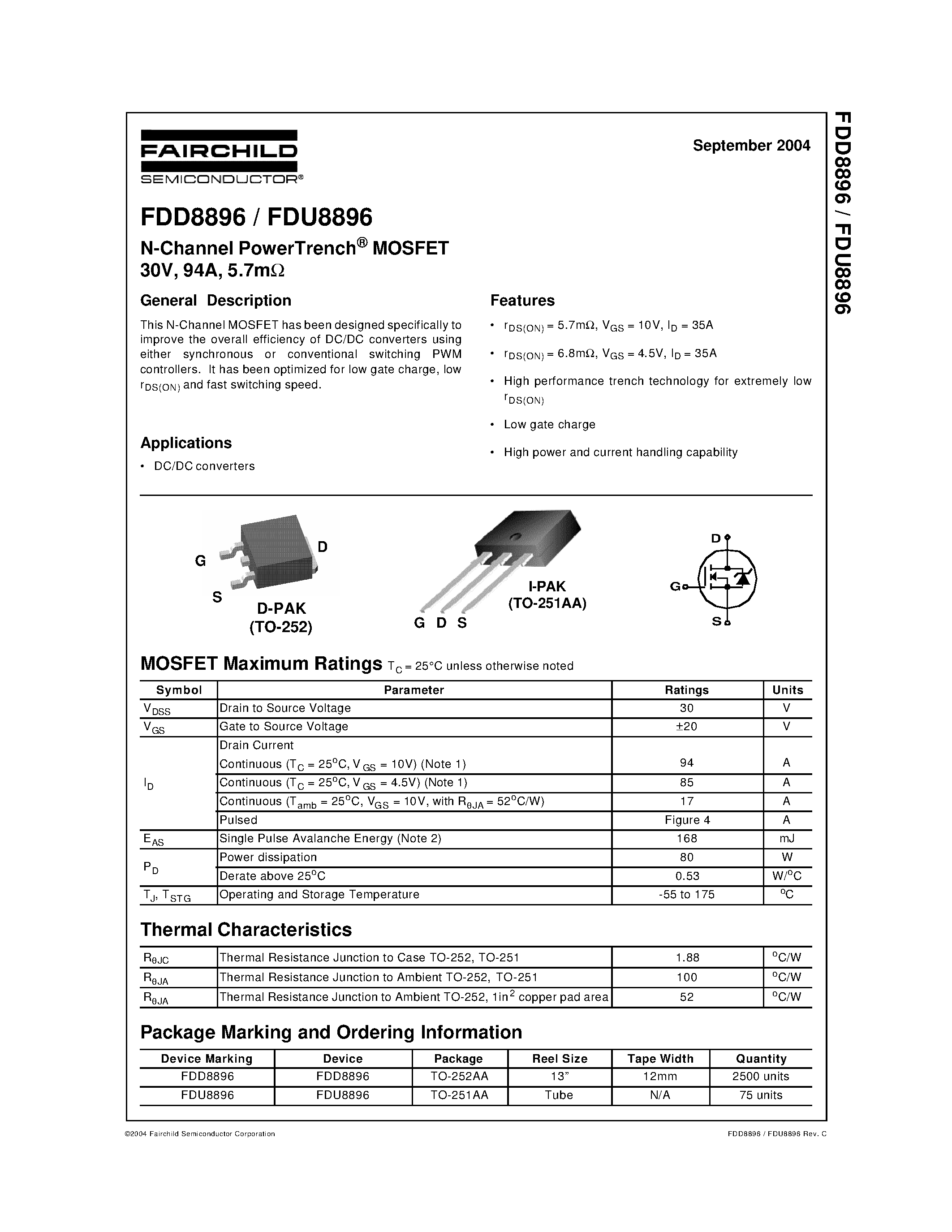Даташит FDD8896 - N-Channel PowerTrench MOSFET страница 1