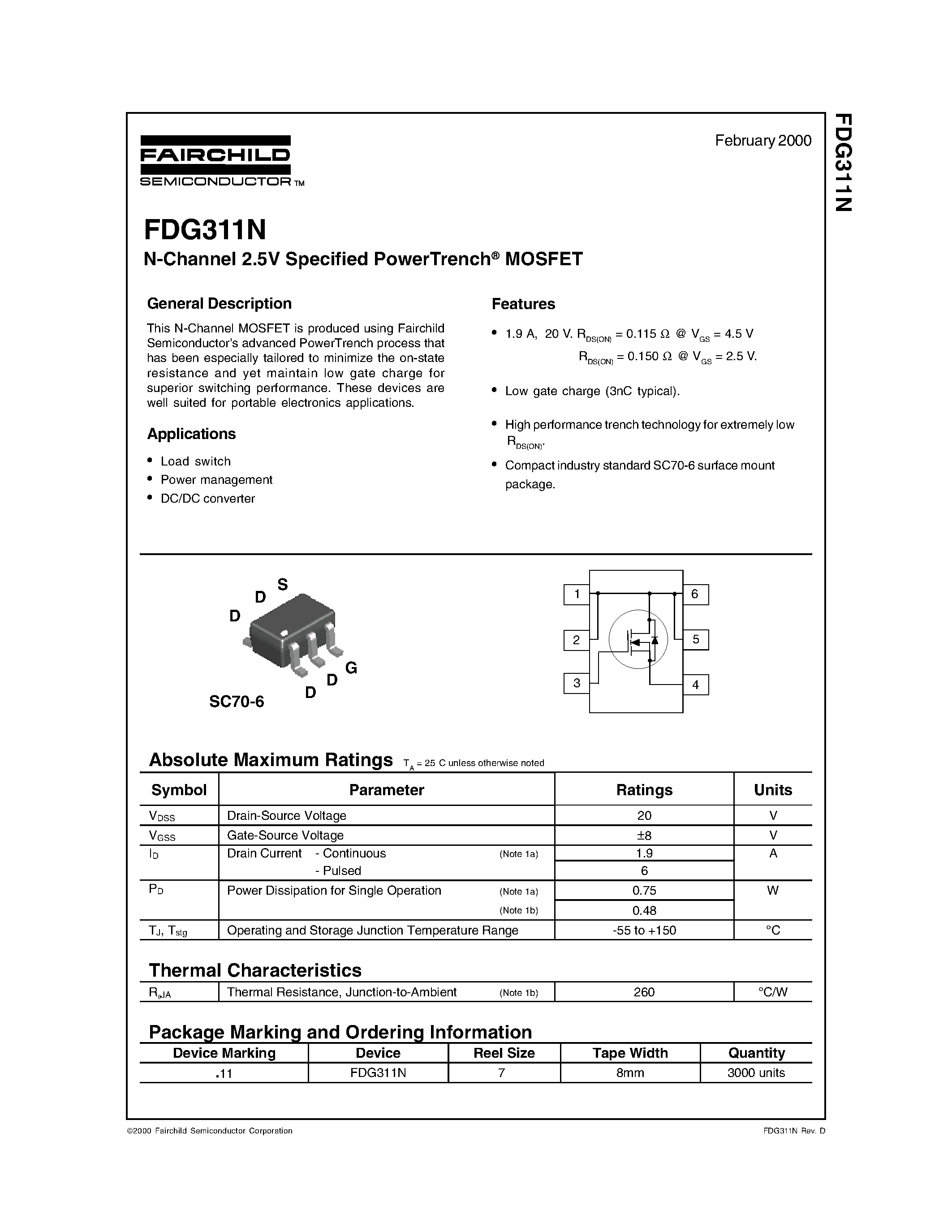 Даташит FDG311N - N-Channel 2.5V Specified PowerTrench MOSFET страница 1