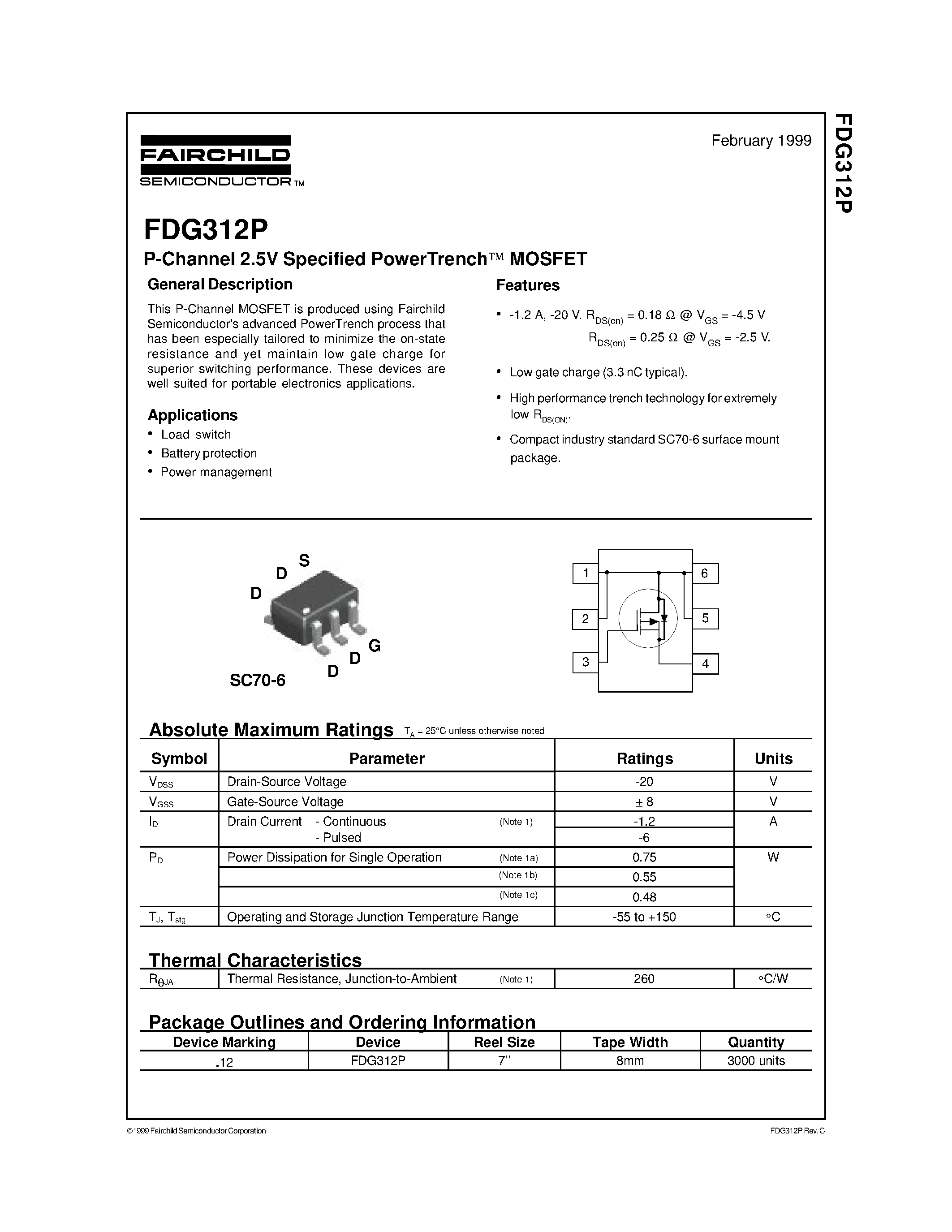 Даташит FDG312P-P-Channel 2.5V Specified PowerTrench MOSFET страница 1