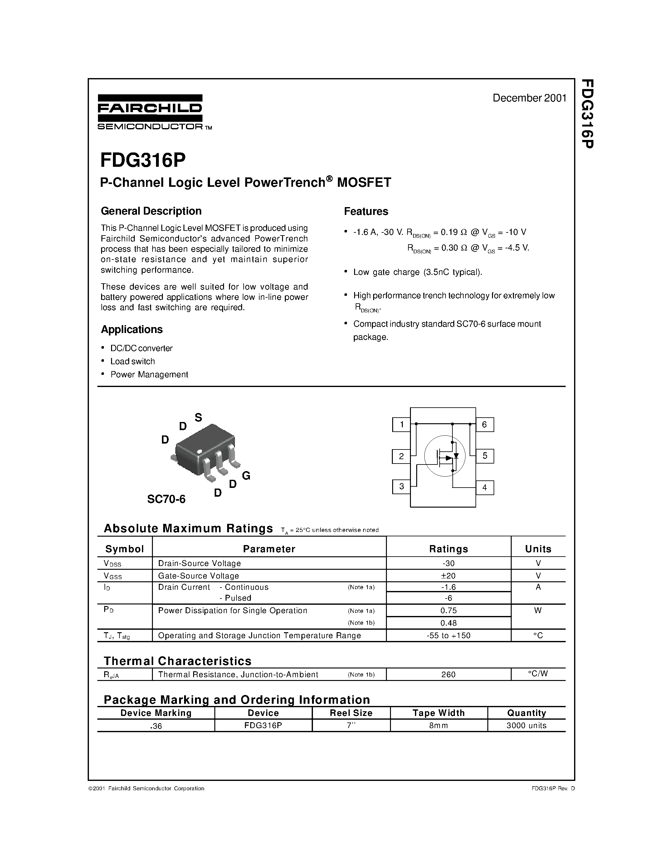 Datasheet FDG316P - P-Channel Logic Level PowerTrench MOSFET page 1