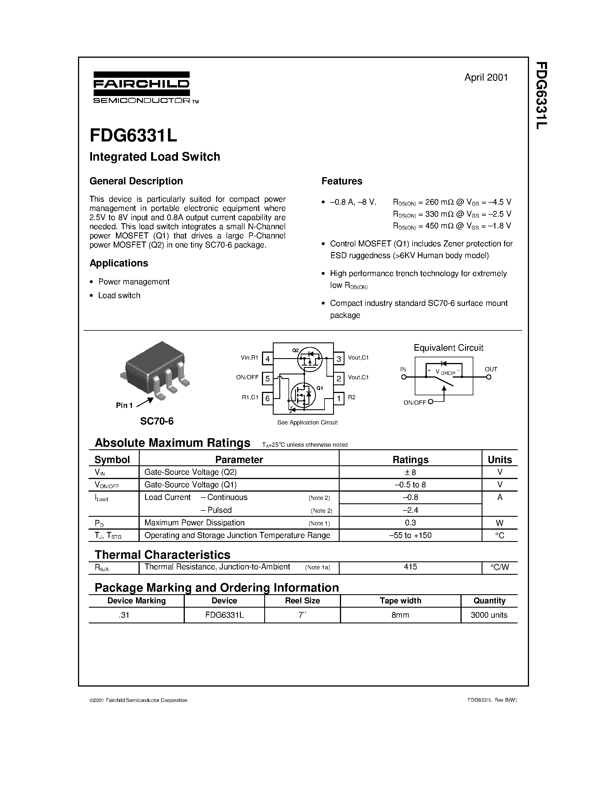 Даташит на микросхему FDG6331L страница 1 Даташит FDG6331L - Integrated Load Switch страница 1
