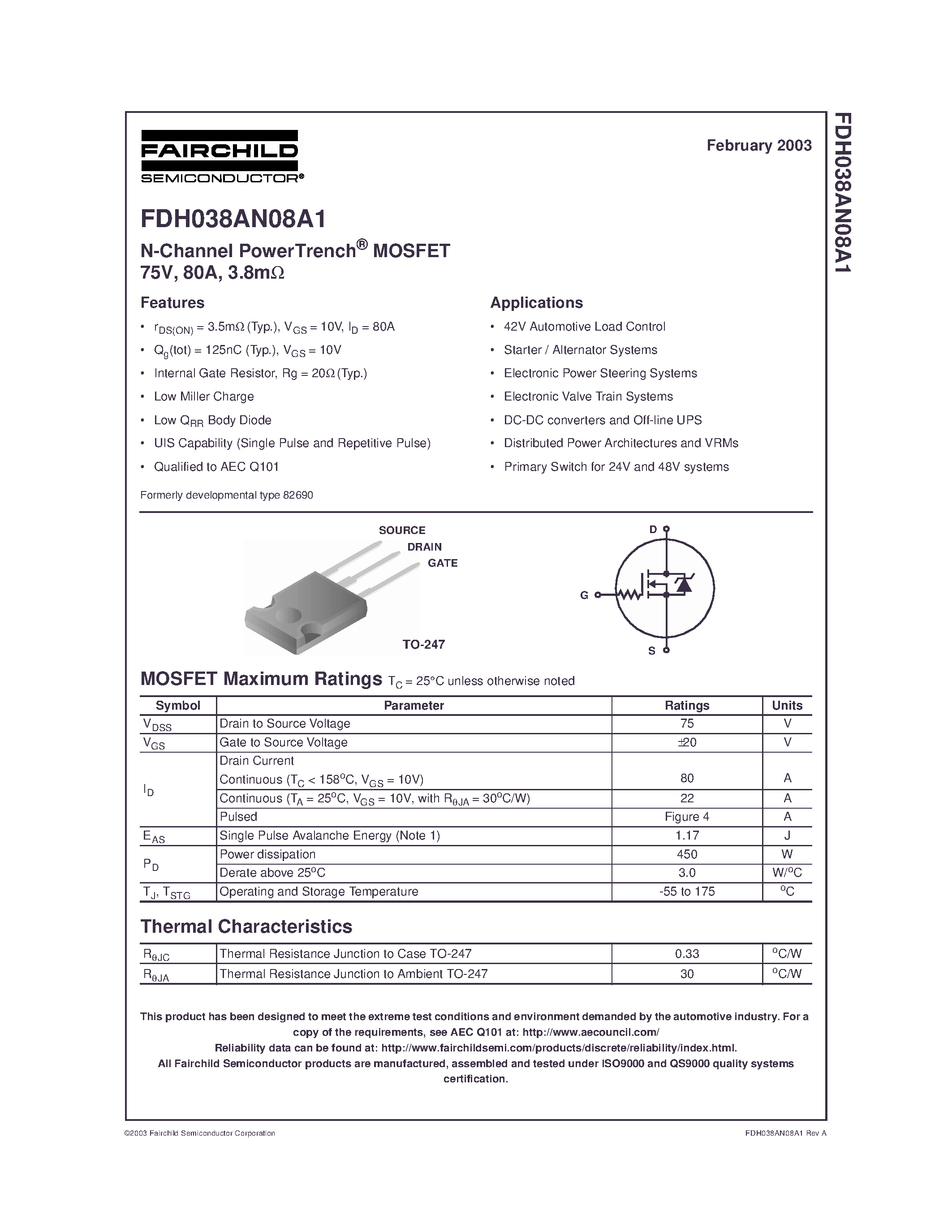 Datasheet FDH038AN08A1 - N-Channel PowerTrench MOSFET page 1